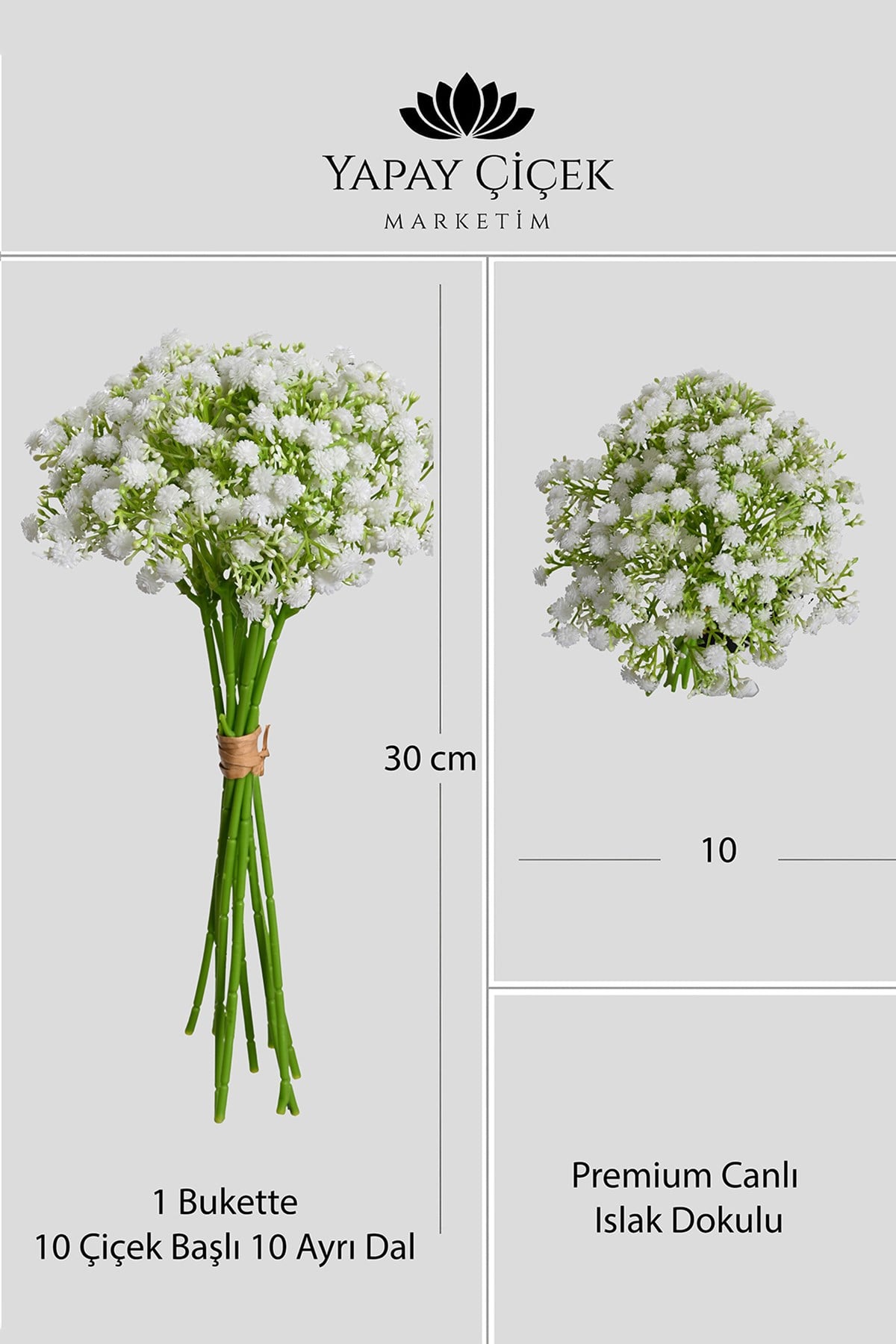 Beyaz Yapay  Cipso Demeti 10 Dallı Premium  Islak Dokulu 30 cm