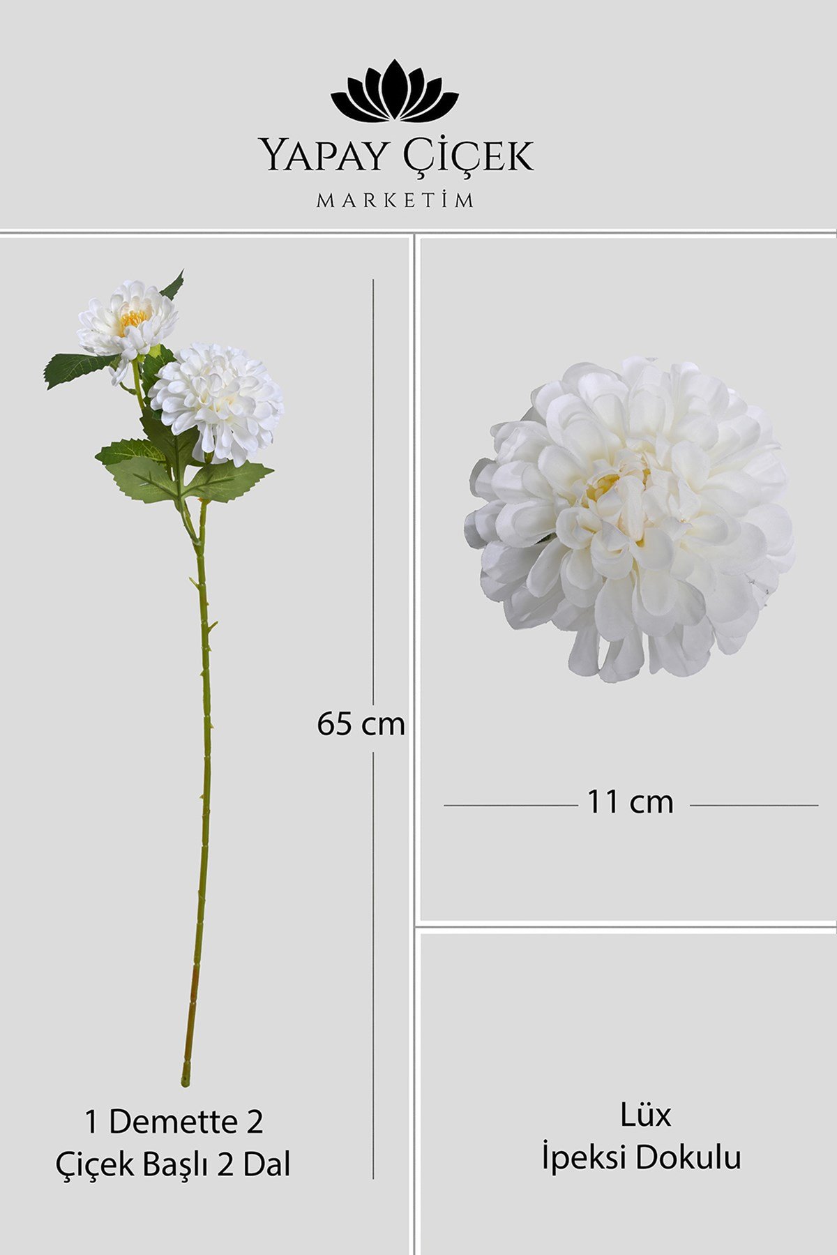 Beyaz Yapay Dahlia Yıldız Çiçeği 2 Dallı Lüx İpeksi Dokulu 65 cm