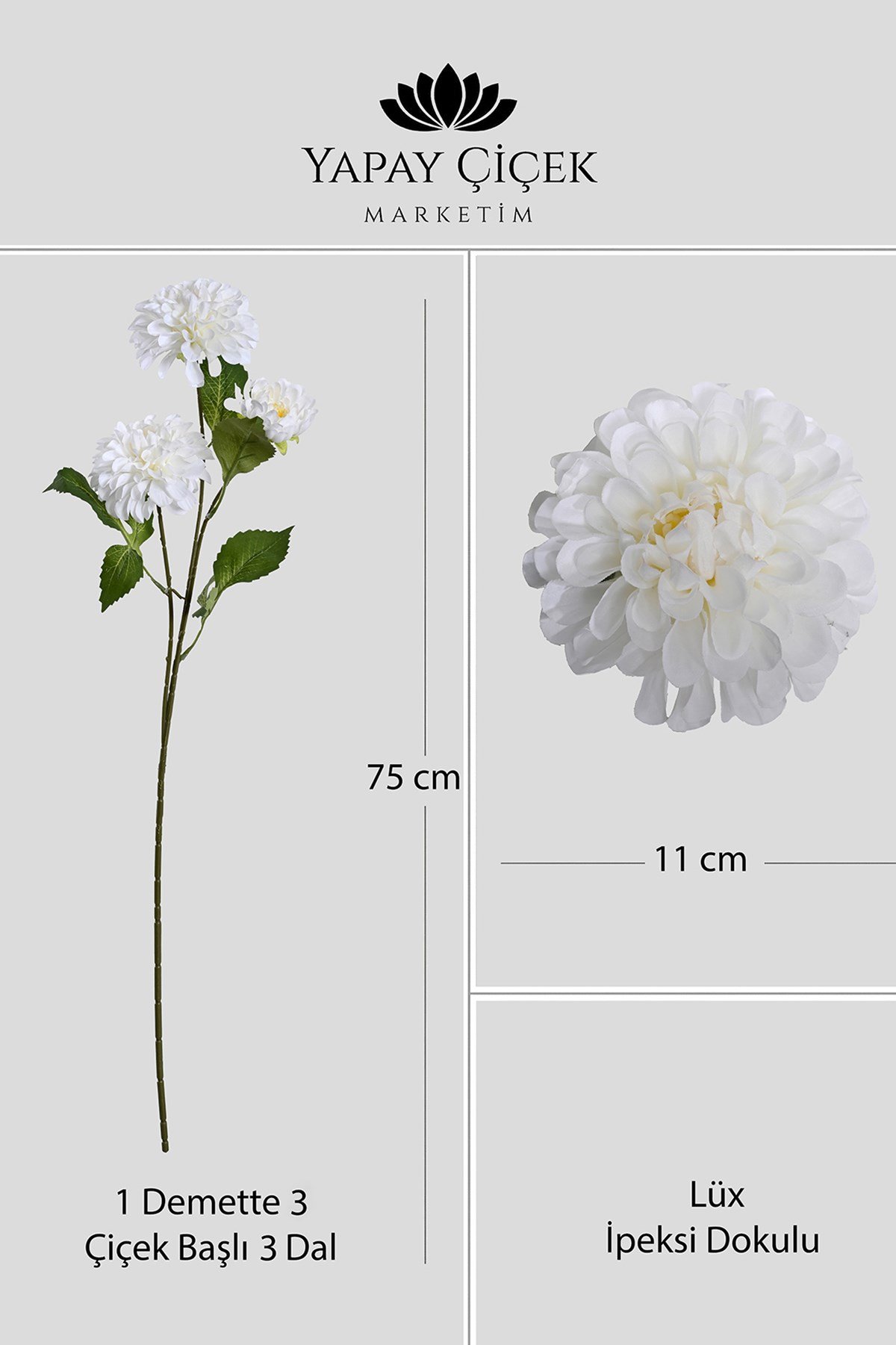 Beyaz Yapay Dahlia Yıldız Çiçeği 3 Dallı Lüx İpeksi Dokulu 75 cm