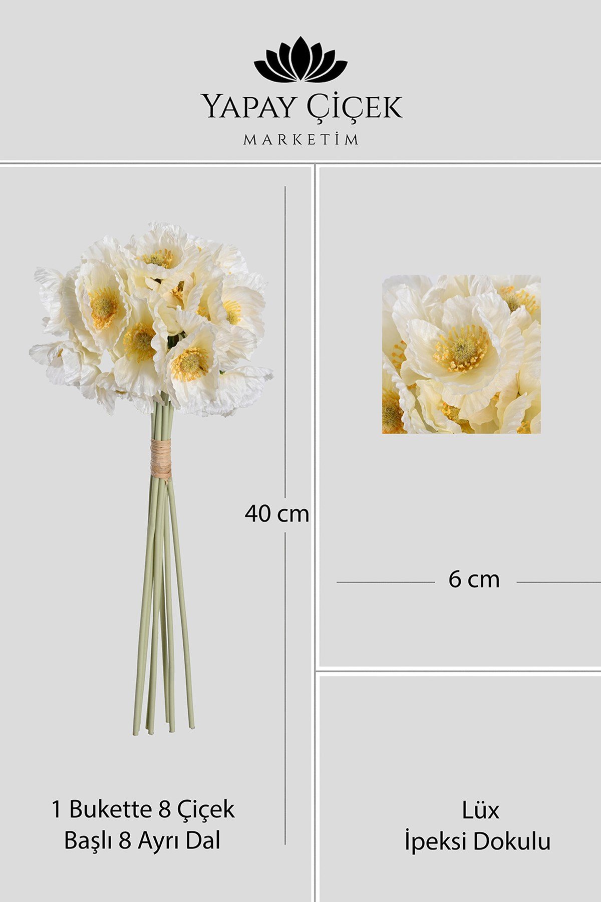 Beyaz Yapay Gelincik Çiçeği Buketi 8 Dallı Lüx İpeksi Dokulu 40 cm