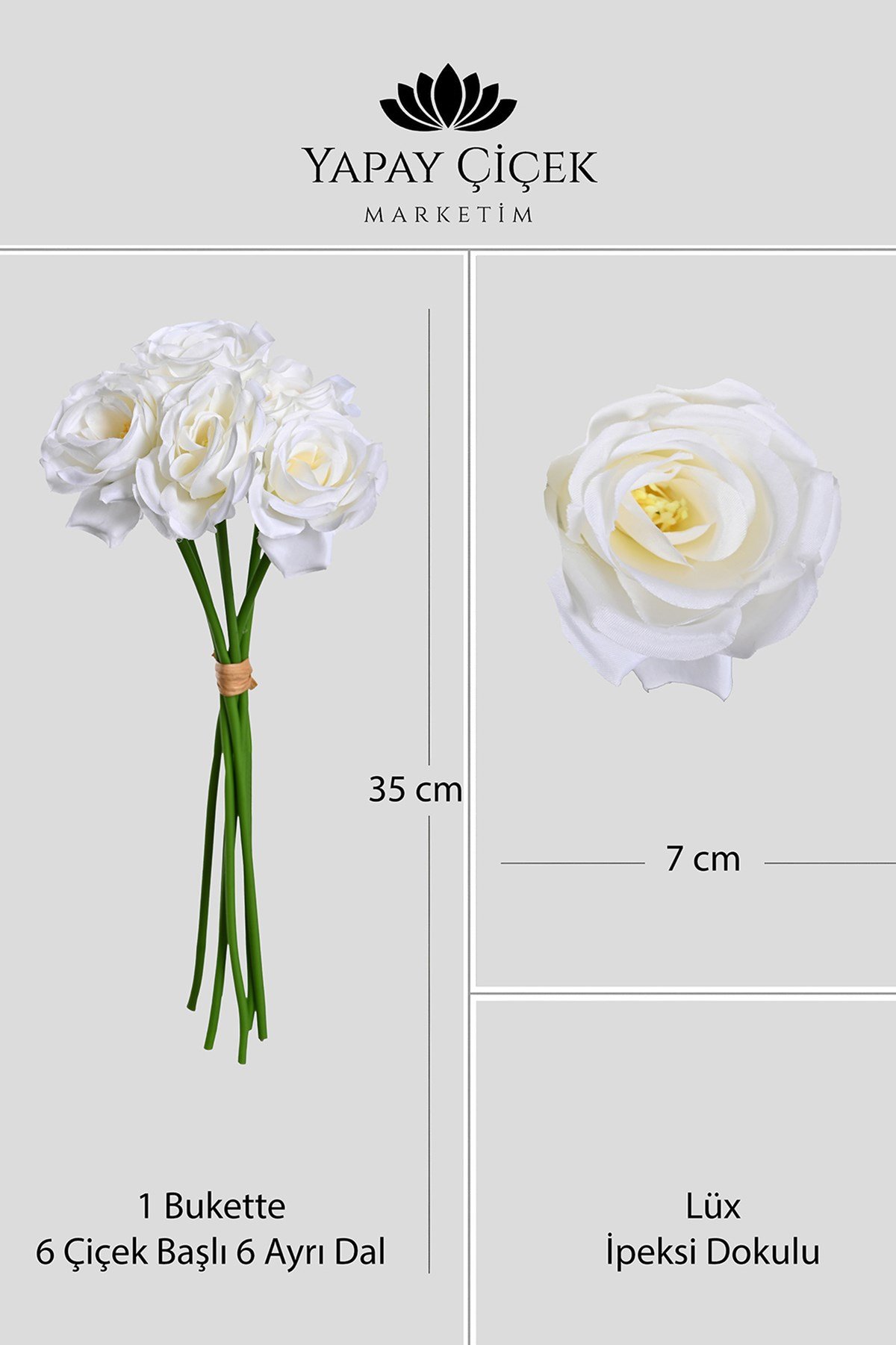 Beyaz  Yapay Gül  Buketi 6 Dallı Lüx İpeksi Dokulu 35 cm