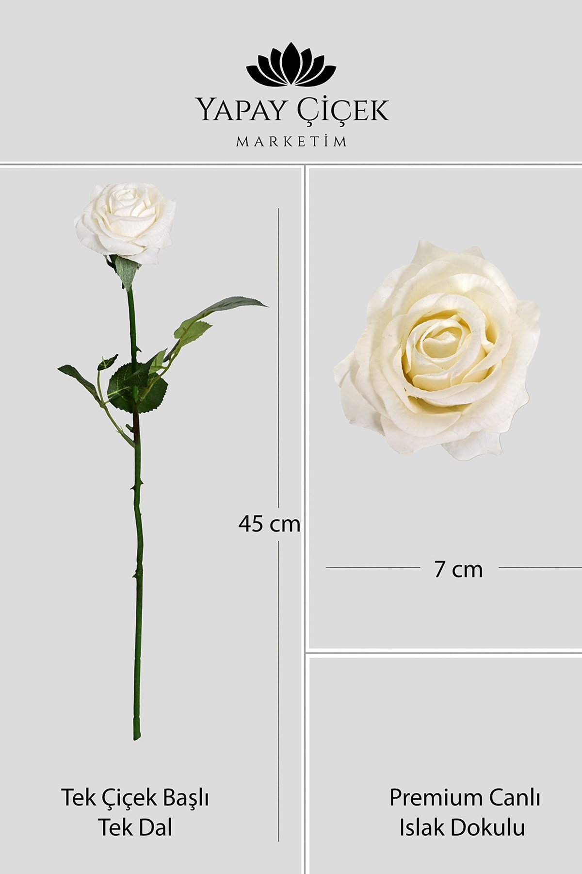 Beyaz Yapay Gül Tek Dal Premium Canlı Islak Dokulu 45 cm