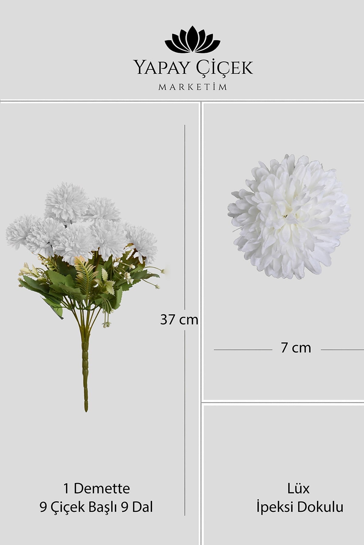 Beyaz Yapay  Krizantem Çiçeği Demeti 9 Dallı   Lüx İpeksi Dokulu 37 cm
