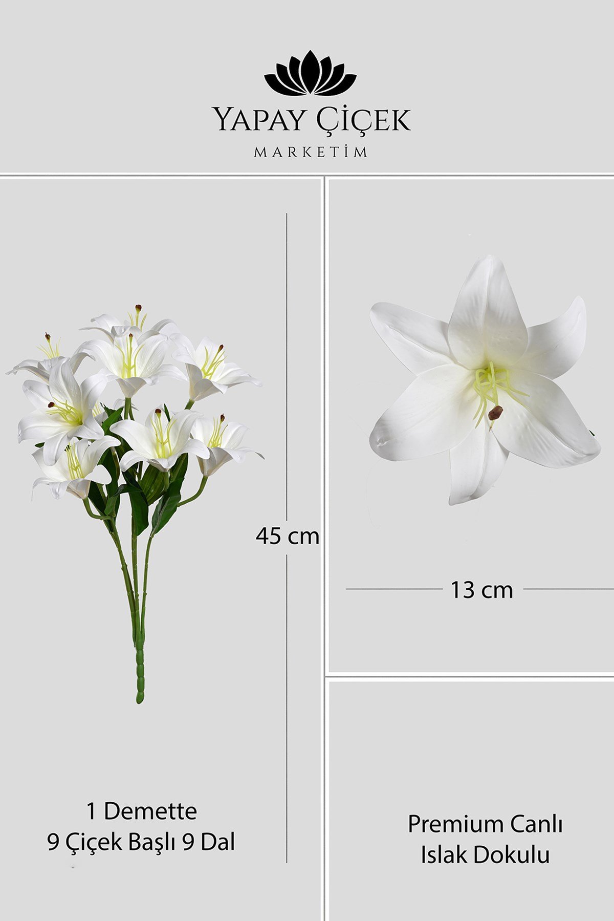Beyaz Yapay Lilyum Çiçeği 9 Dallı Premium Canlı Islak Dokulu 55 cm