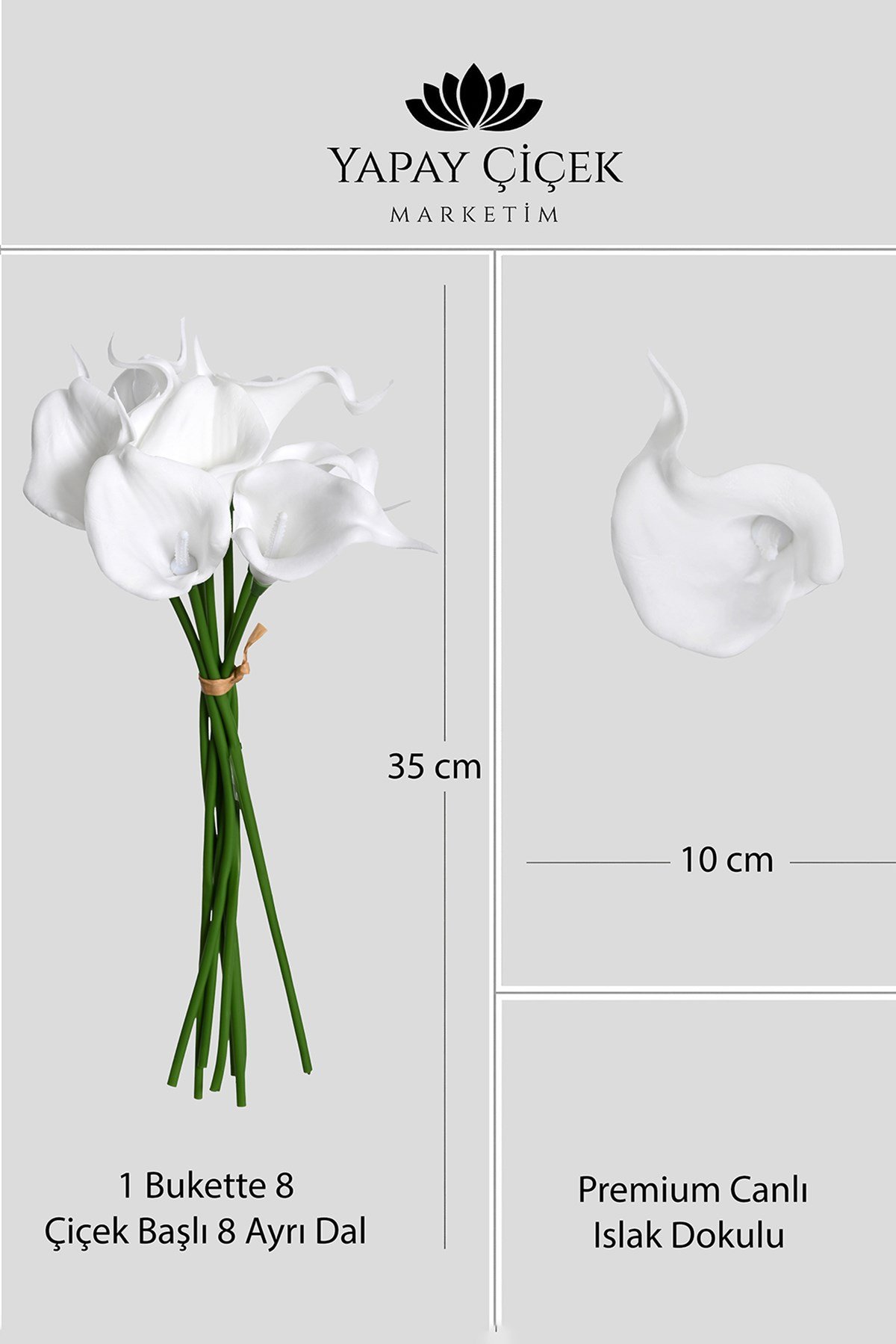 Beyaz Yapay Lüx  Gala Çiçeği Buketi 8 Dallı Premium Canlı Islak Dokulu 35 cm