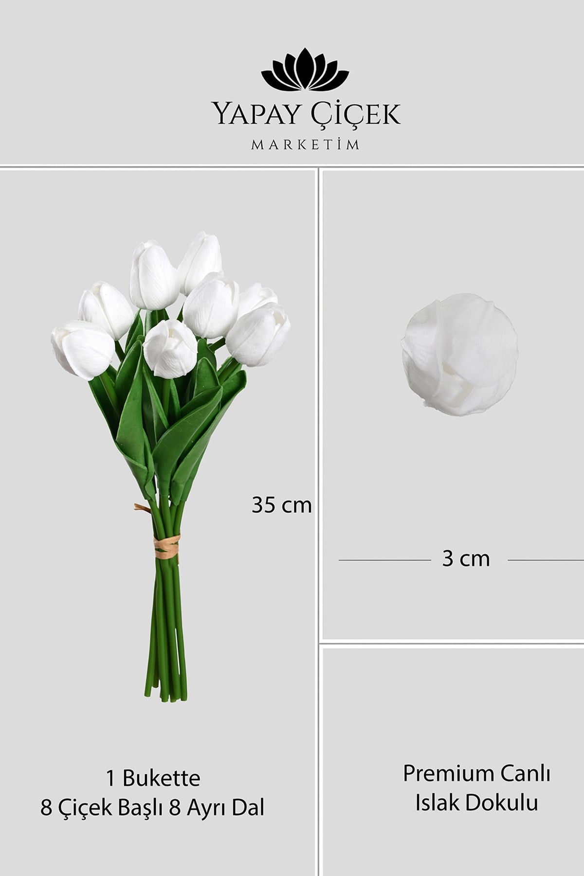 Beyaz Yapay Lüx  Lale Çiçeği buketi 8 Dallı Premium Canlı Islak Dokulu 35 cm