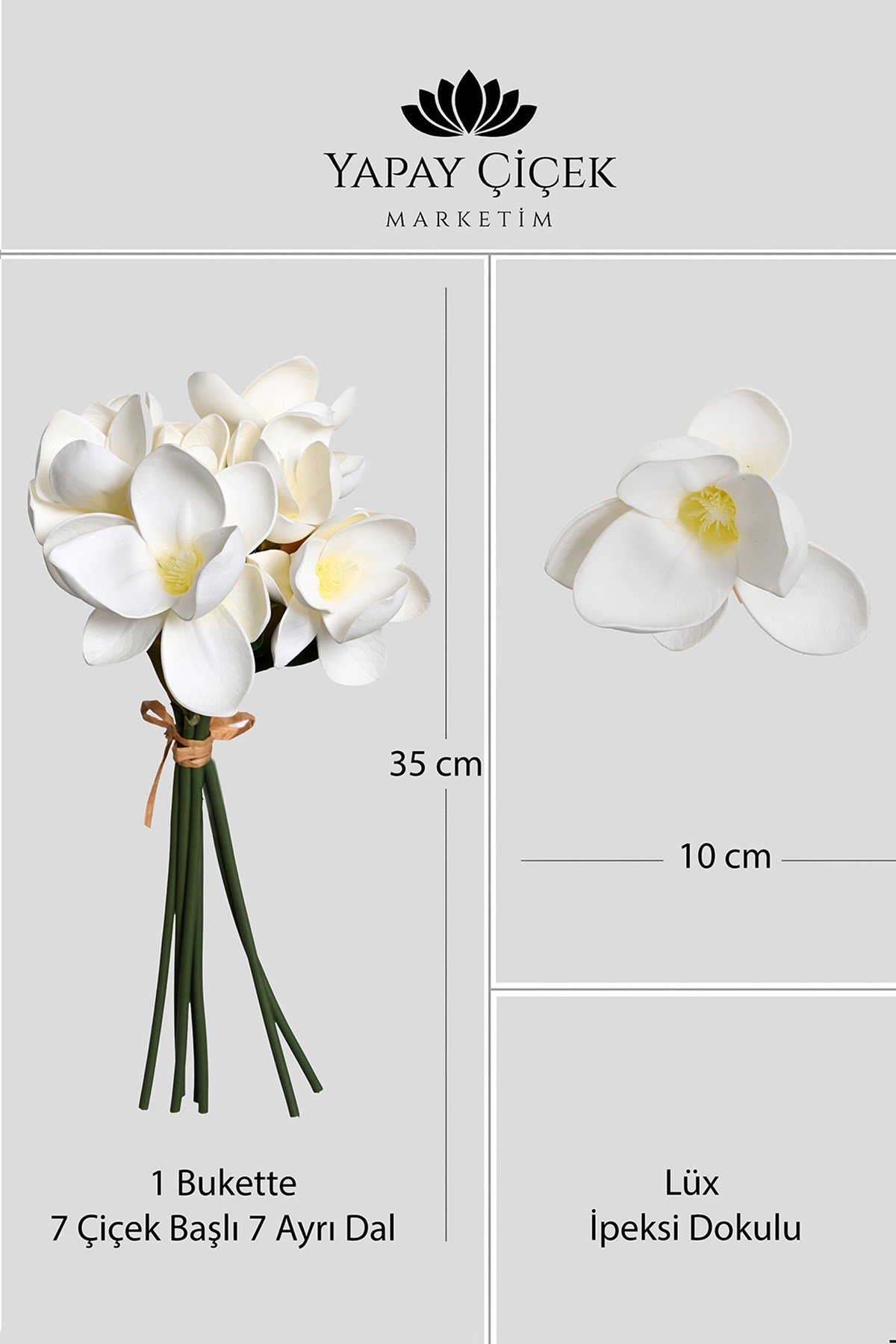Beyaz Yapay Lüx  Manolya Çiçeği Buketi 7 Dallı Gerçek Lateks Dokulu 35 cm