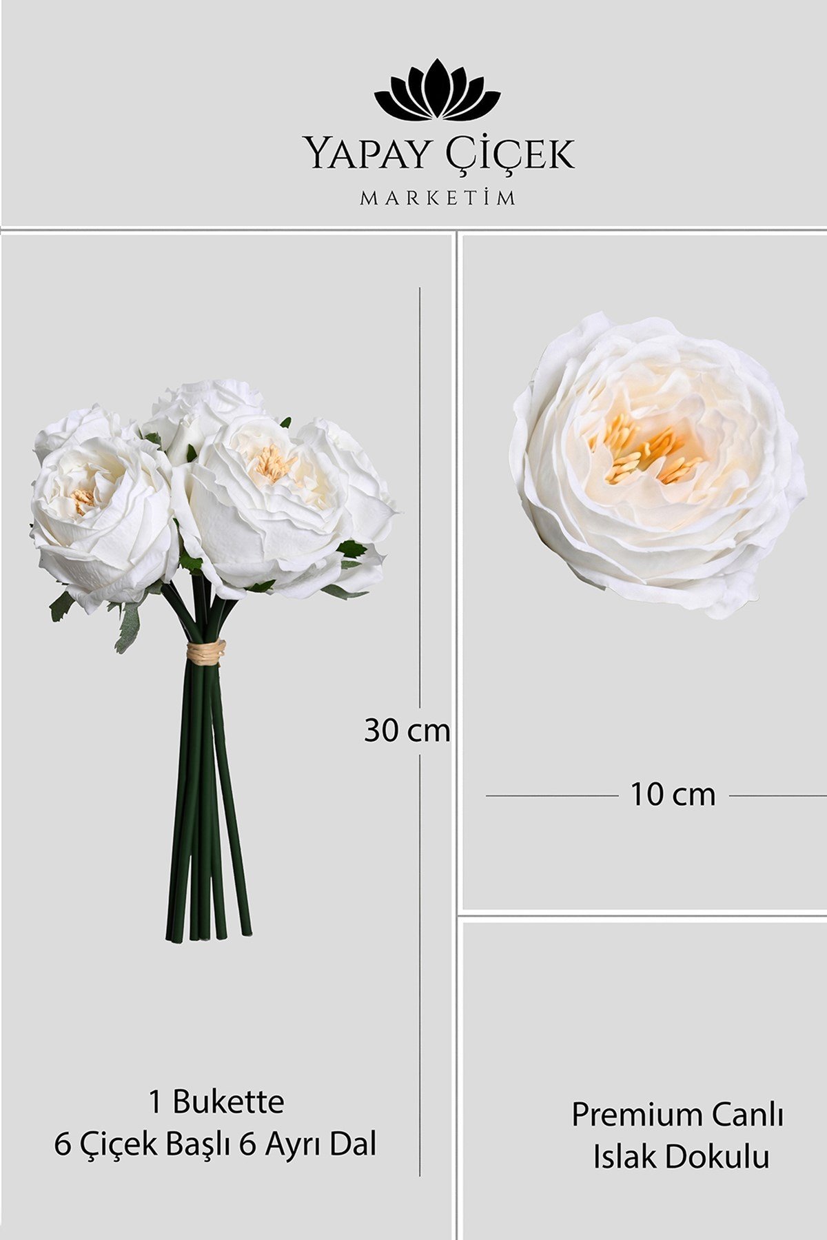 Beyaz Yapay Lüx Şakayık Çiçeği Buketi 6 Dallı Premium Canlı Islak Dokulu 30 cm