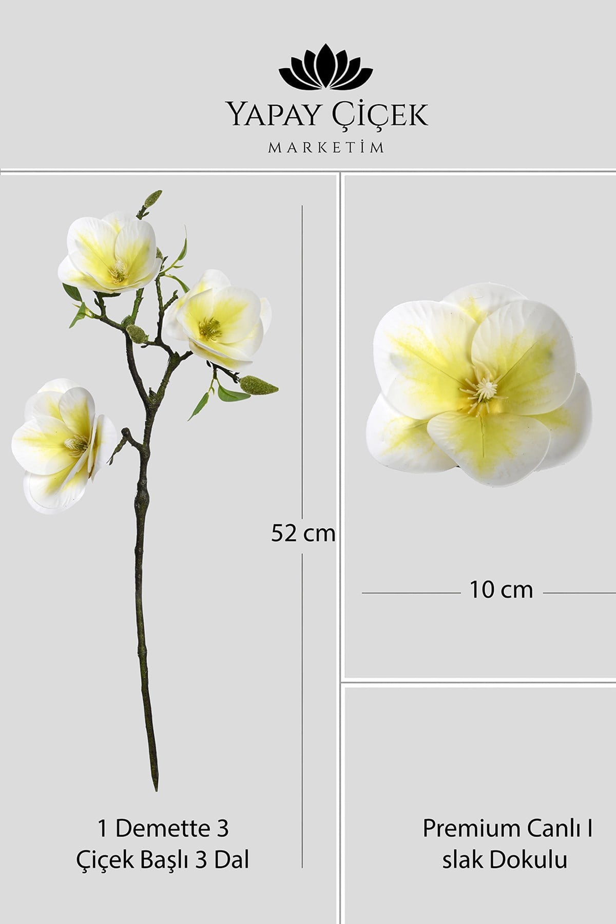 Beyaz Yapay Manolya Çiçeği 3 Dallı Premium Canlı Islak Dokulu 52 cm