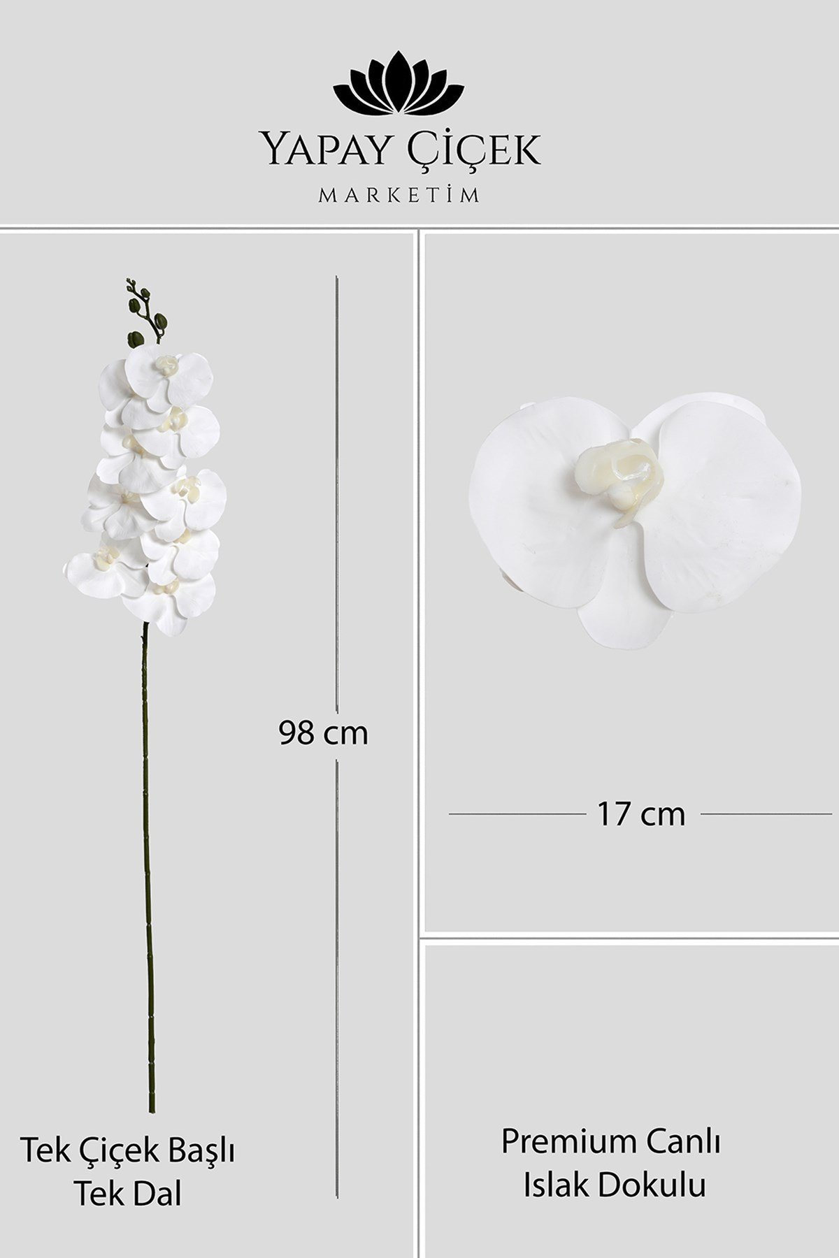 Beyaz Yapay  Orkide Çiçeği Tek Dal Premium Canlı Islak Dokulu 98 cm
