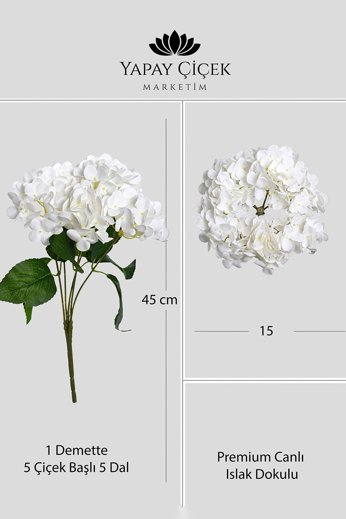 Beyaz Yapay  Ortanca Çiçeği 5 Dallı Premium Canlı Islak Dokulu  42 cm