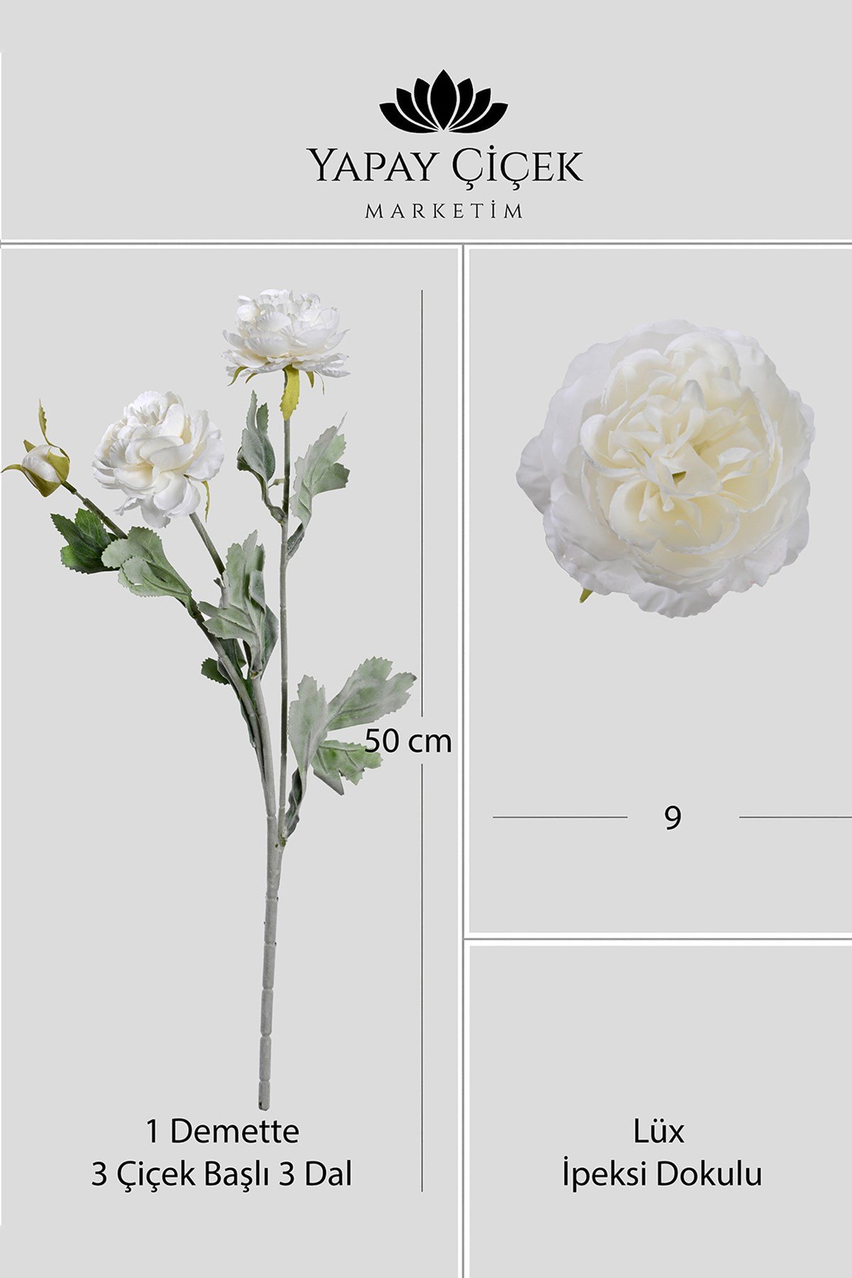 Beyaz Yapay Ranunculus Şakayık Çiçeği  3 Dallı Lüx İpeksi Dokulu 50 cm