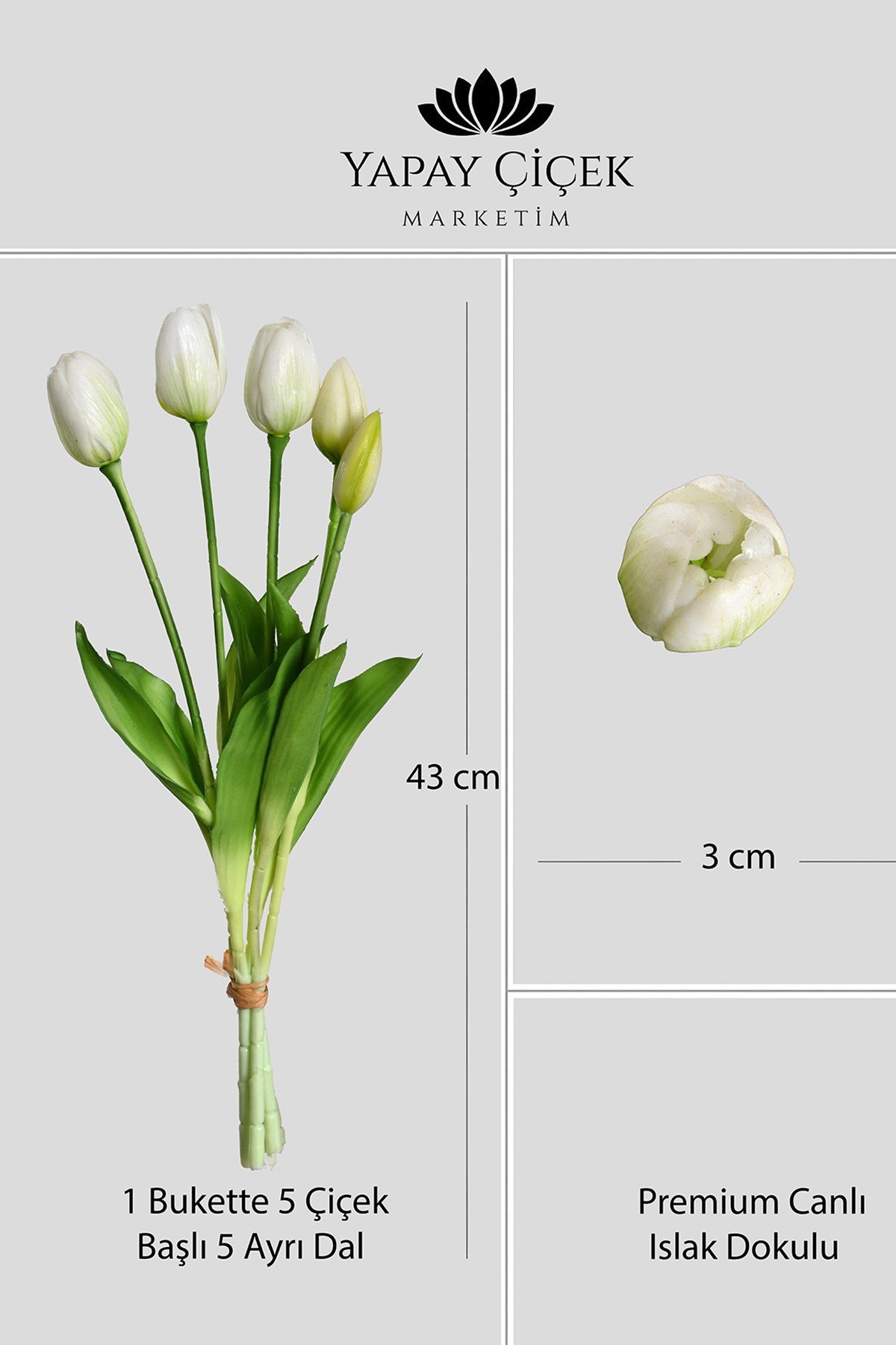 Beyaz Yapay Tulipa Lale Çiçeği Buketi 5 Dallı Premium Canlı Islak Dokulu  43 cm
