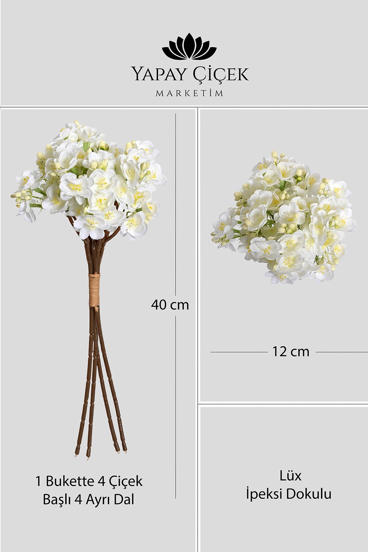 Beyaz Yapay Yasemin Çiçeği Buketi 4 Dallı Lüx İpeksi Dokulu 40 cm