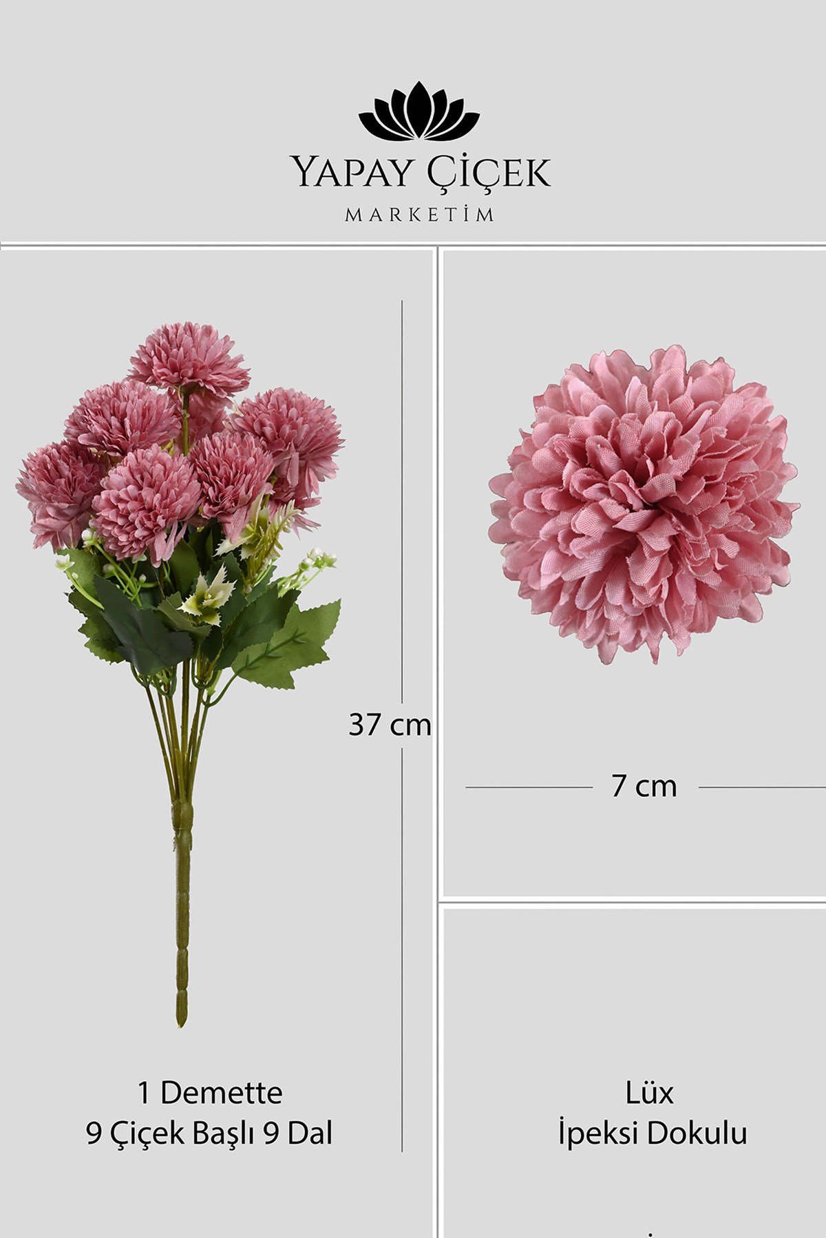 Bordo  Yapay  Krizantem Çiçeği Demeti 9 Dallı   Lüx İpeksi Dokulu 37 cm