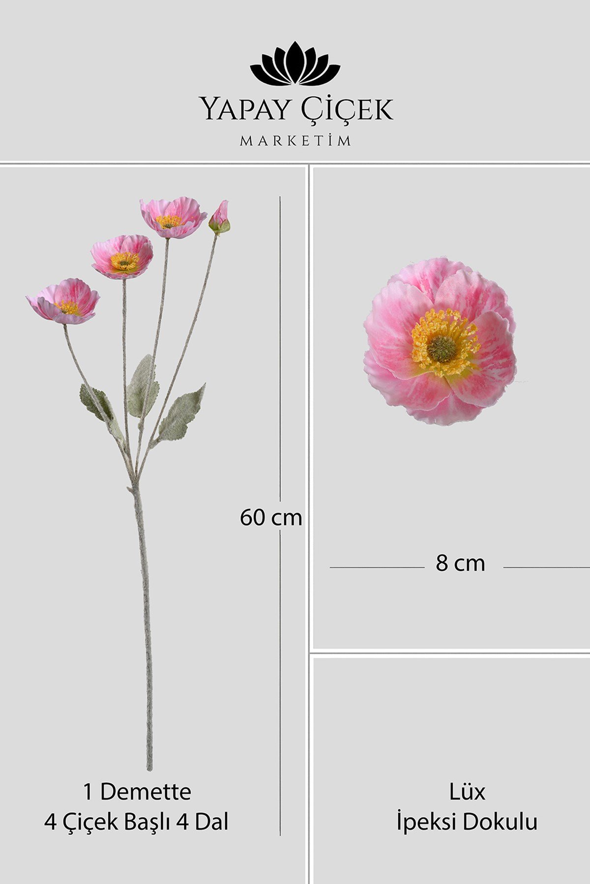 Fuşya Yapay Gelincik Çiçeği  4 Dallı Lüx İpeksi Dokulu  60 cm