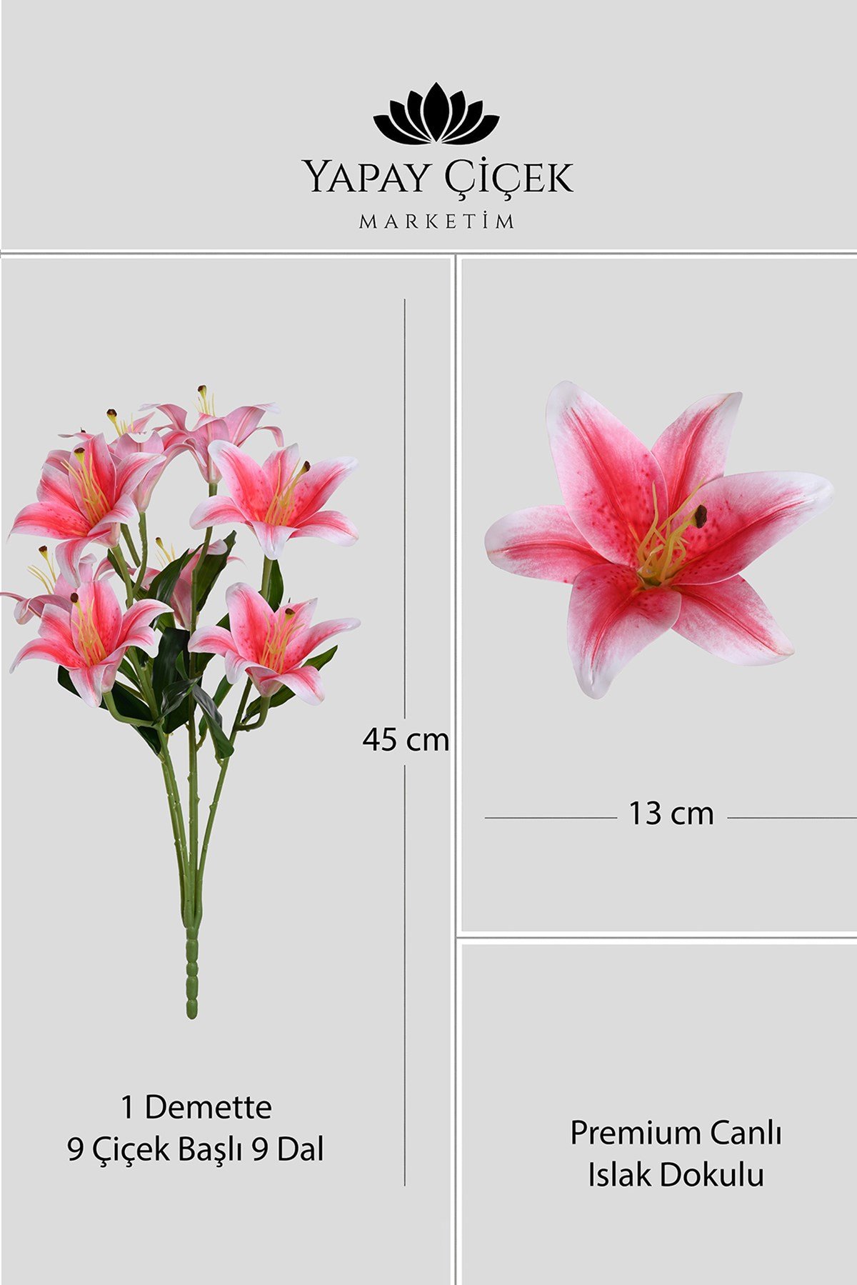 Fuşya Yapay Lilyum Çiçeği 9 Dallı Premium Canlı Islak Dokulu 55 cm