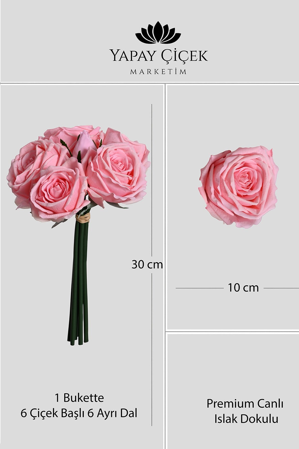 Fuşya Yapay Lüx Gül Buketi 6 Dallı Premium Canlı  Islak Dokulu 30 cm