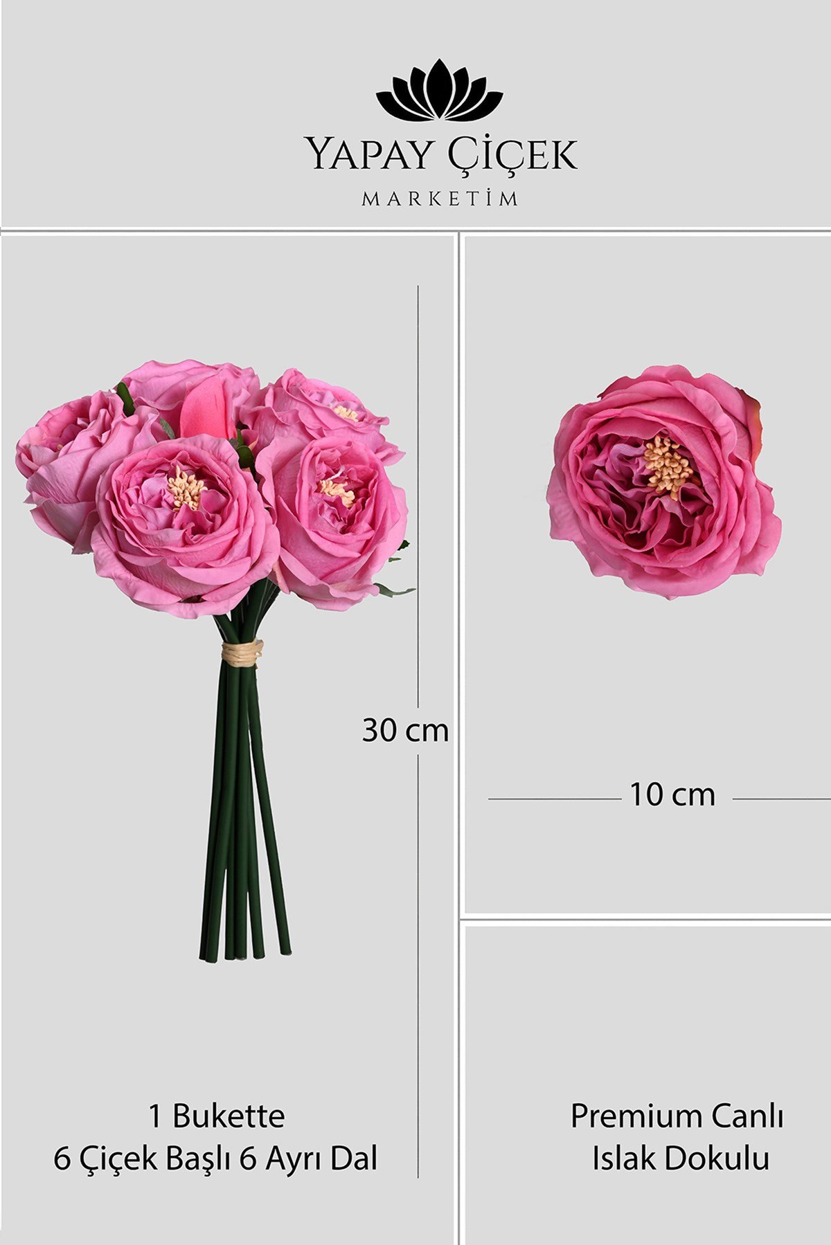 Fuşya Yapay Lüx Şakayık Çiçeği Buketi 6 Dallı Premium Canlı Islak Dokulu 30 cm