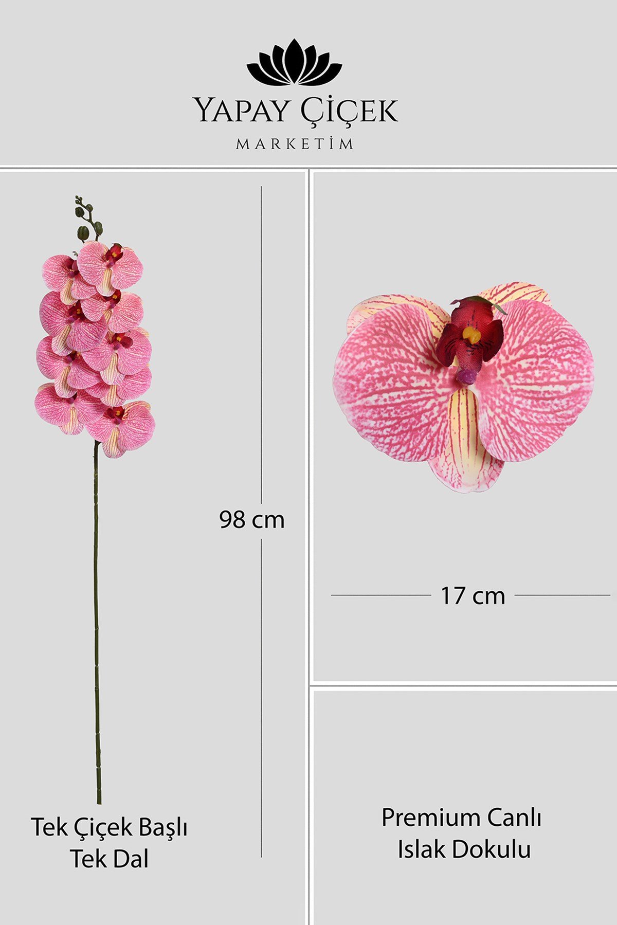 Fuşya Yapay  Orkide Çiçeği Tek Dal Premium Canlı Islak Dokulu 98 cm