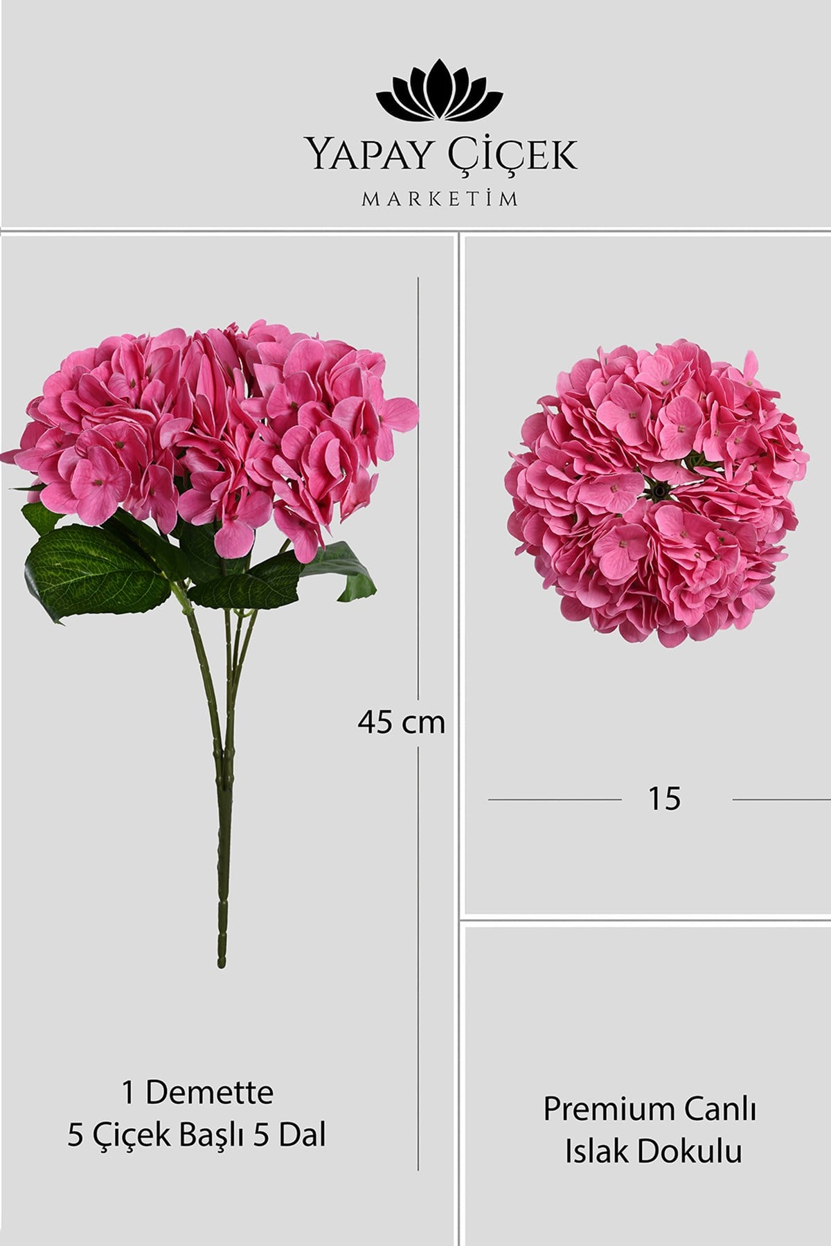 Fuşya Yapay  Ortanca Çiçeği 5 Dallı Premium Canlı Islak Dokulu 42 cm