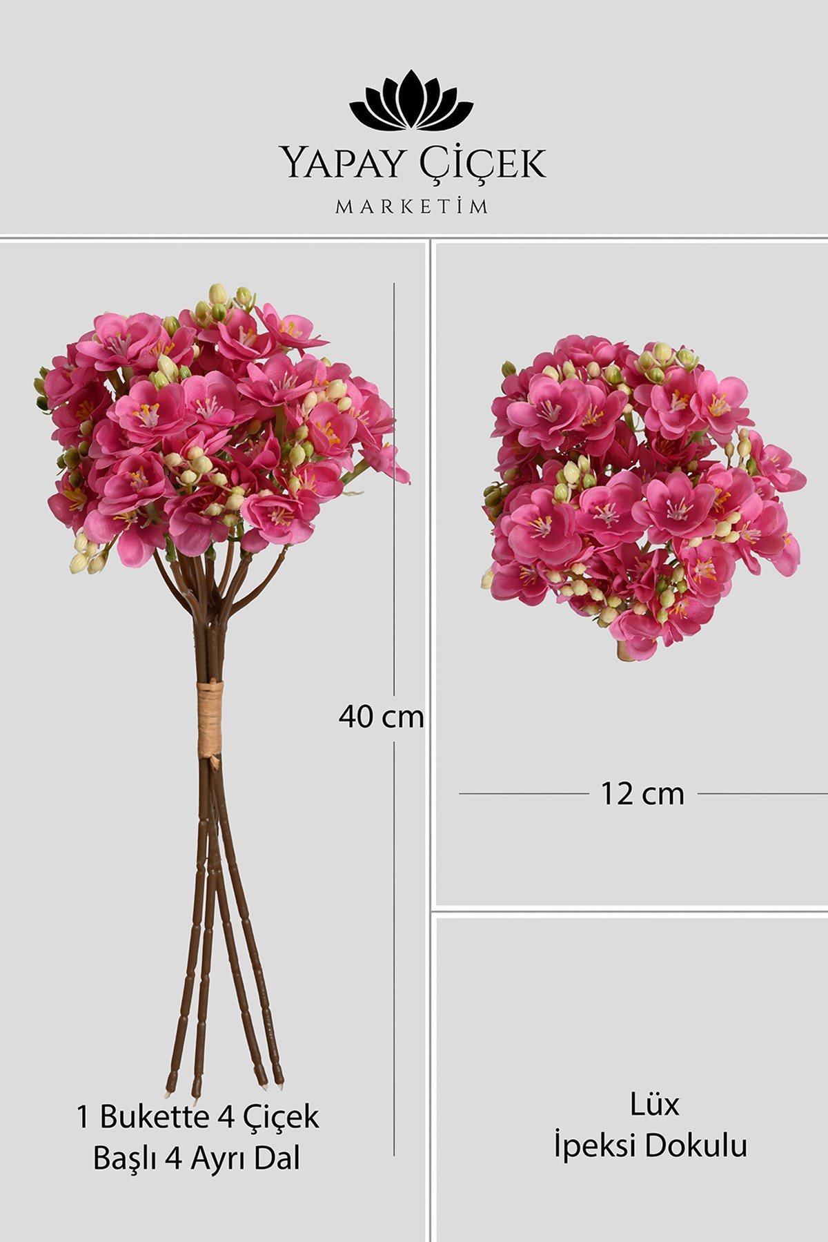 Fuşya Yapay Yasemin Çiçeği Buketi 4 Dallı Lüx İpeksi Dokulu 40 cm