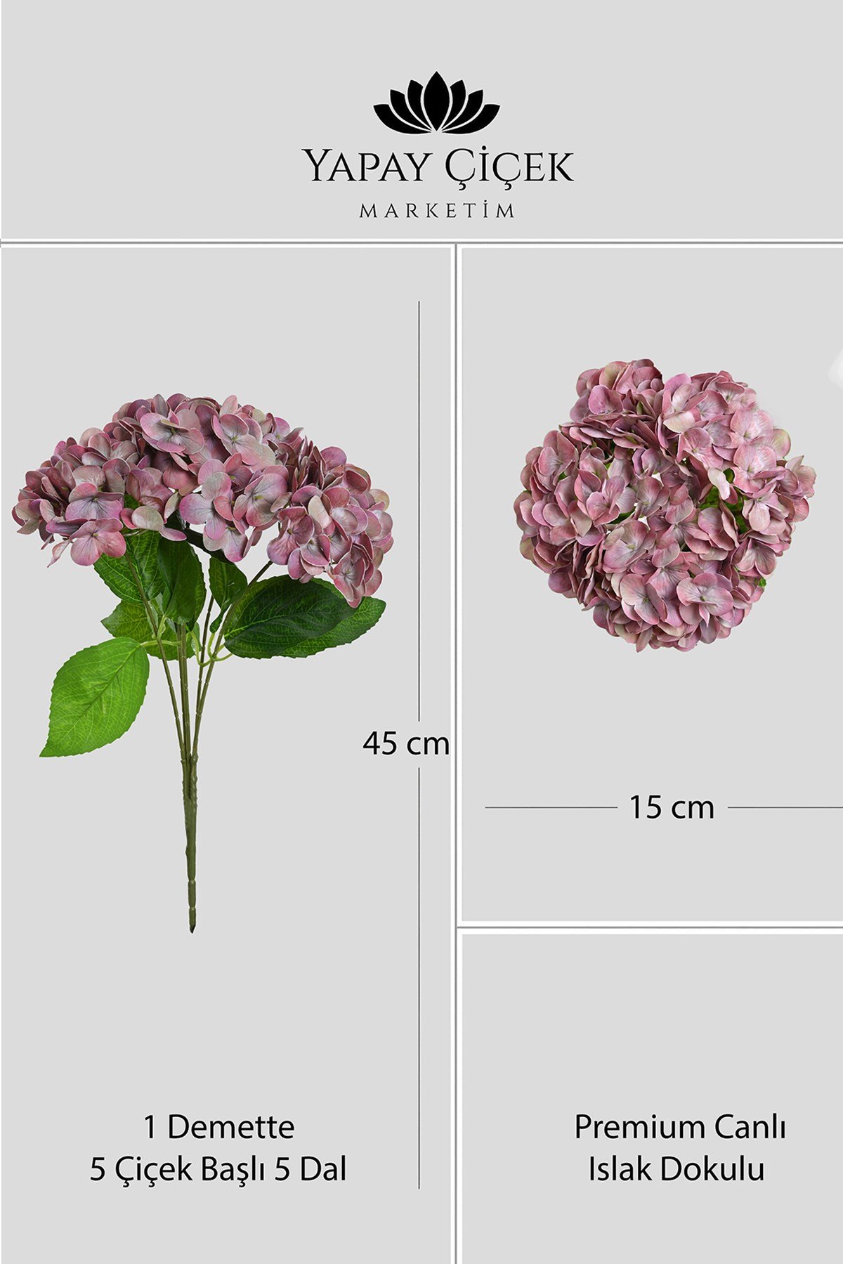 Kahverengi Yapay  Ortanca Çiçeği 5 Dallı Premium Canlı Islak Dokulu 42 cm