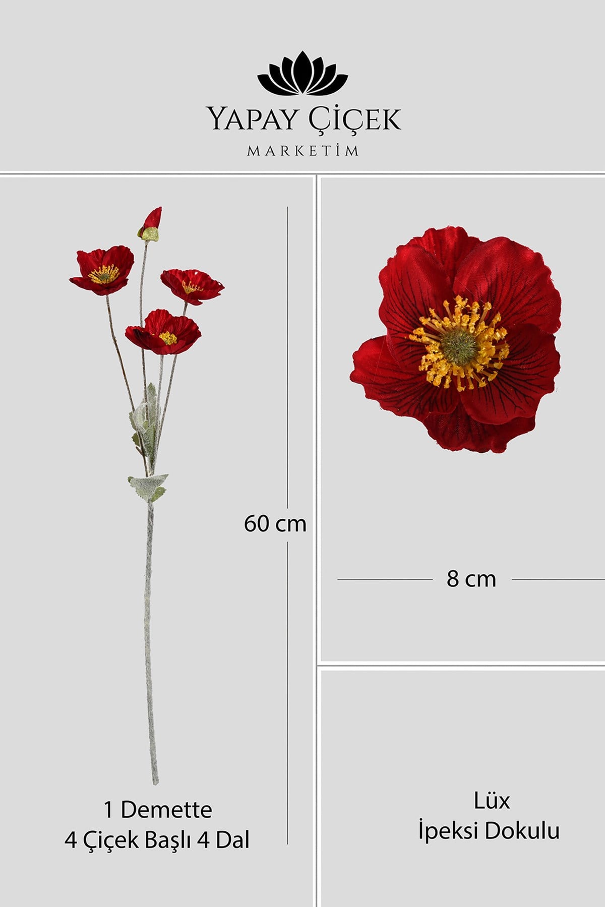 Kırmızı Yapay Gelincik Çiçeği  4 Dallı Lüx İpeksi Dokulu 60 cm
