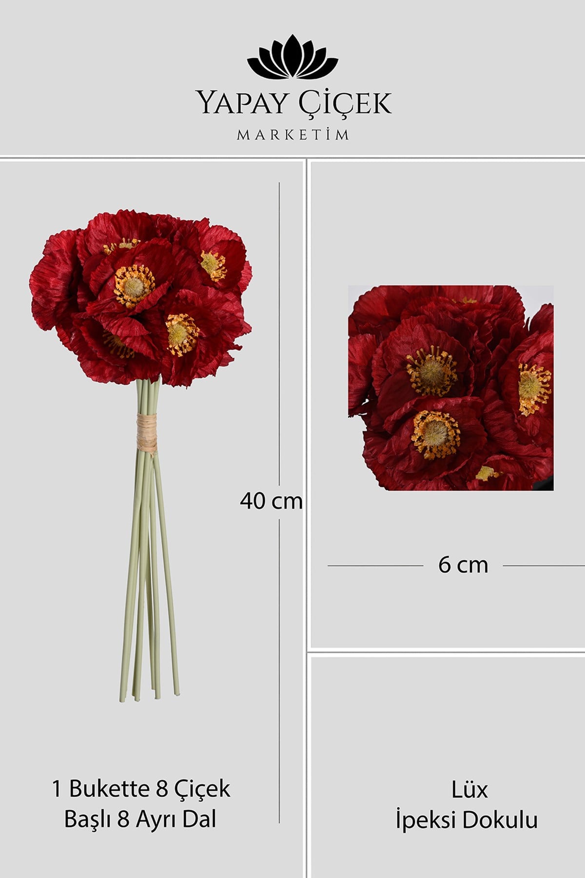Kırmızı Yapay Gelincik Çiçeği Buketi 8 Dallı Lüx İpeksi Dokulu  40 cm