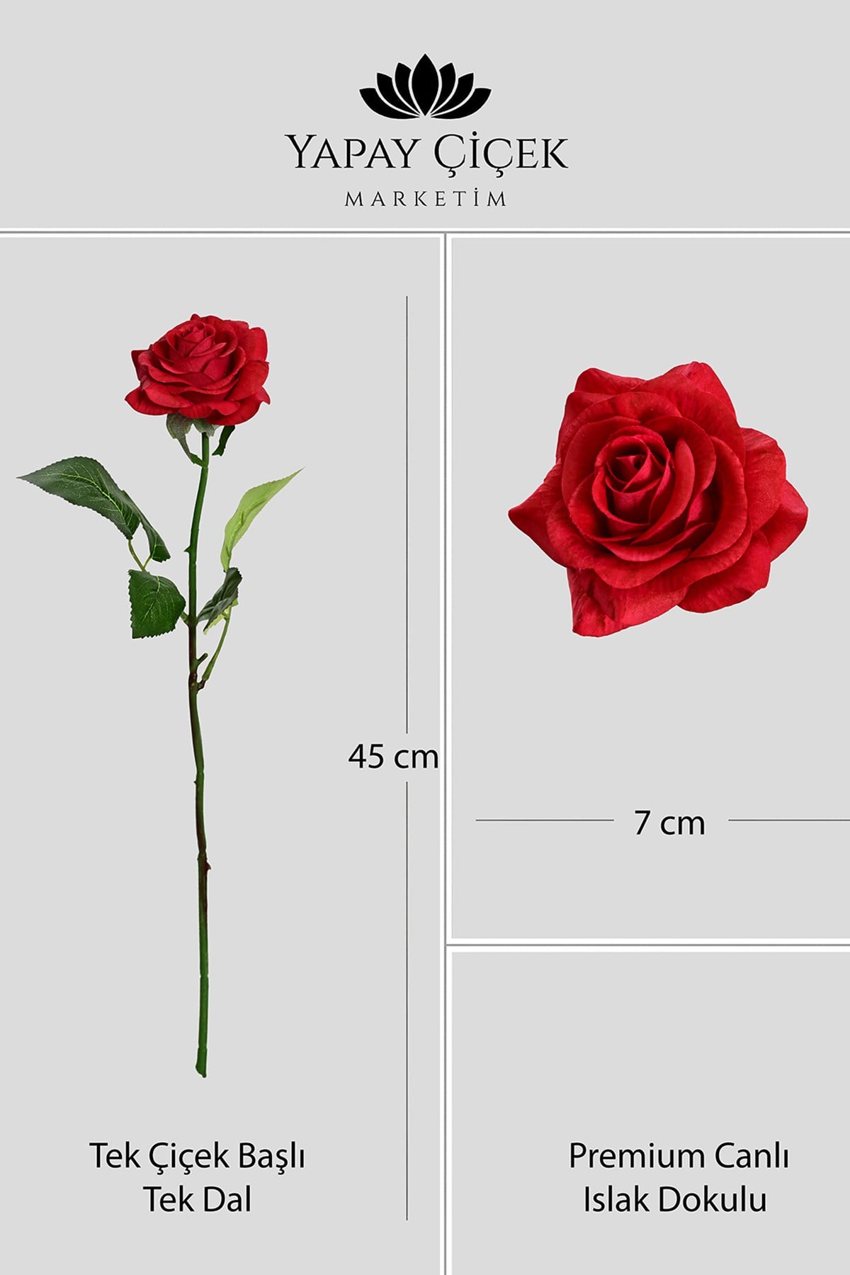 Kırmızı Yapay Gül Tek Dal Premium Canlı Islak Dokulu 45 cm