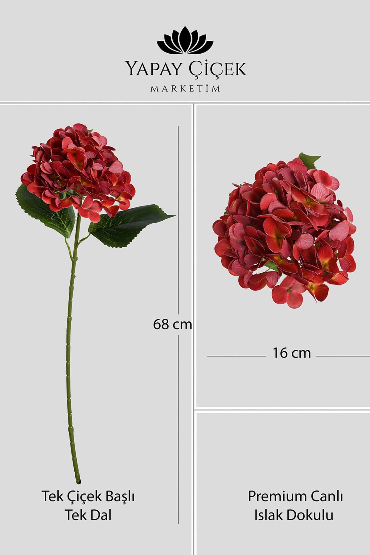 Kırmızı Yapay  Ortanca Çiçeği Tek Dal Premium Canlı Islak Dokulu 68 cm