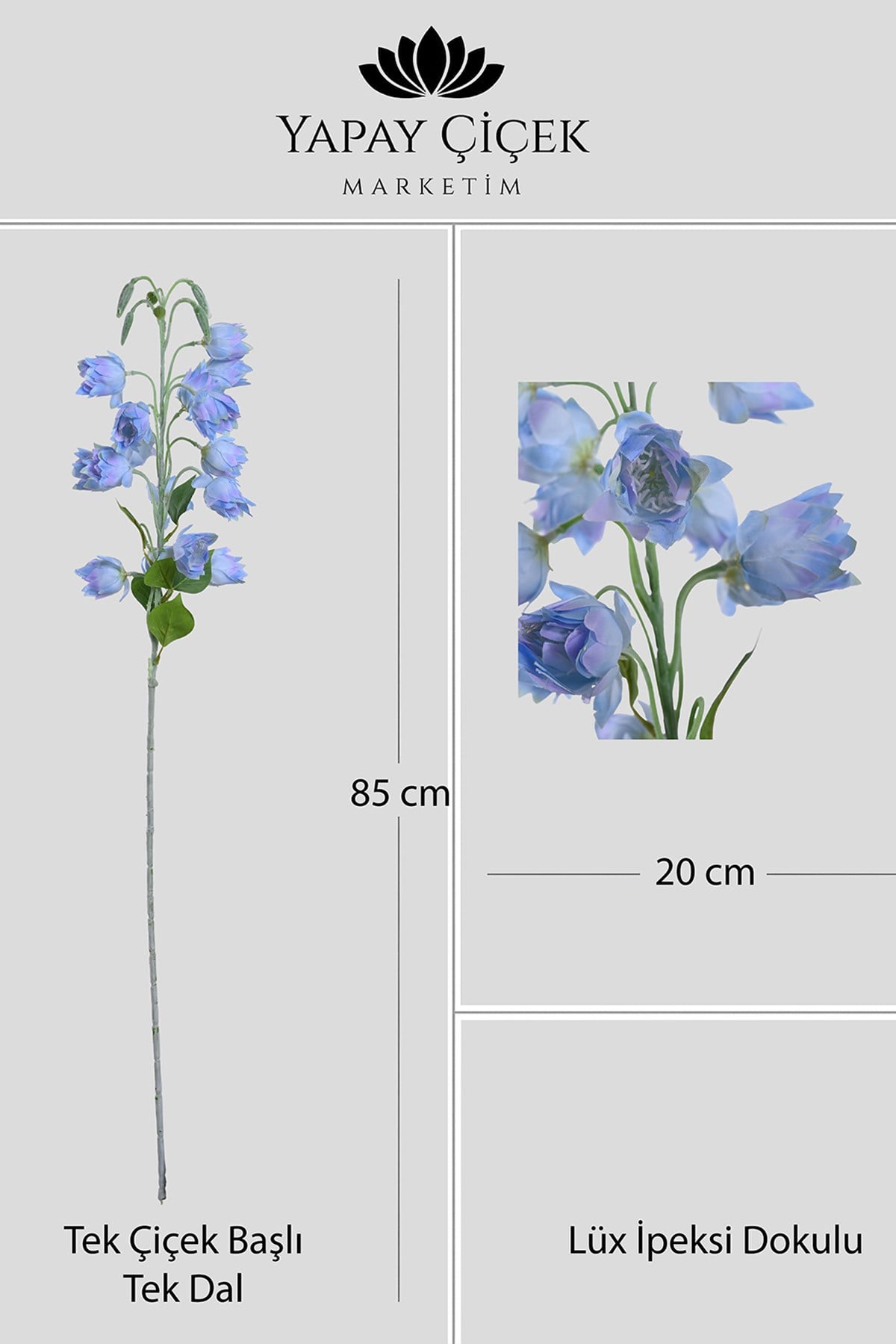 Mavi Yapay  Çan Çiçeği  Tek Dal Lüx İpeksi Dokulu 85 cm