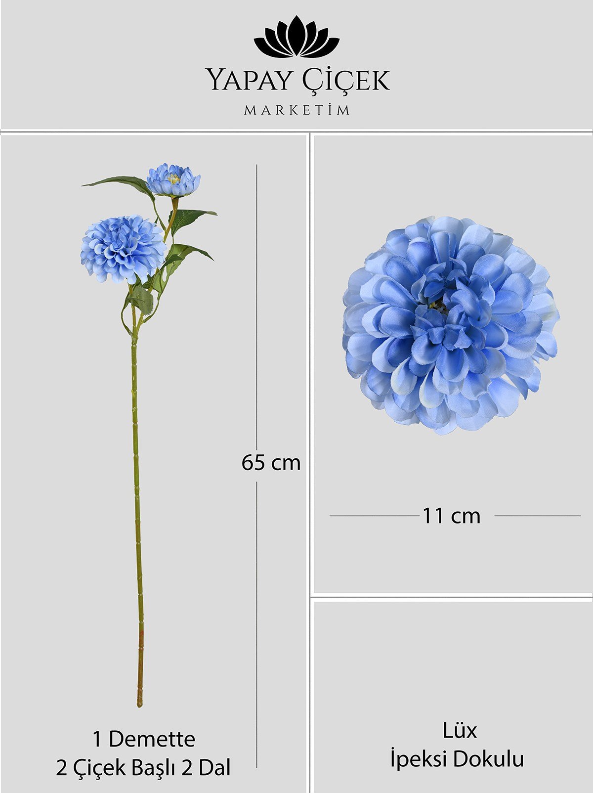 Mavi Yapay Dahlia Yıldız Çiçeği 2 Dallı Lüx İpeksi Dokulu 65 cm