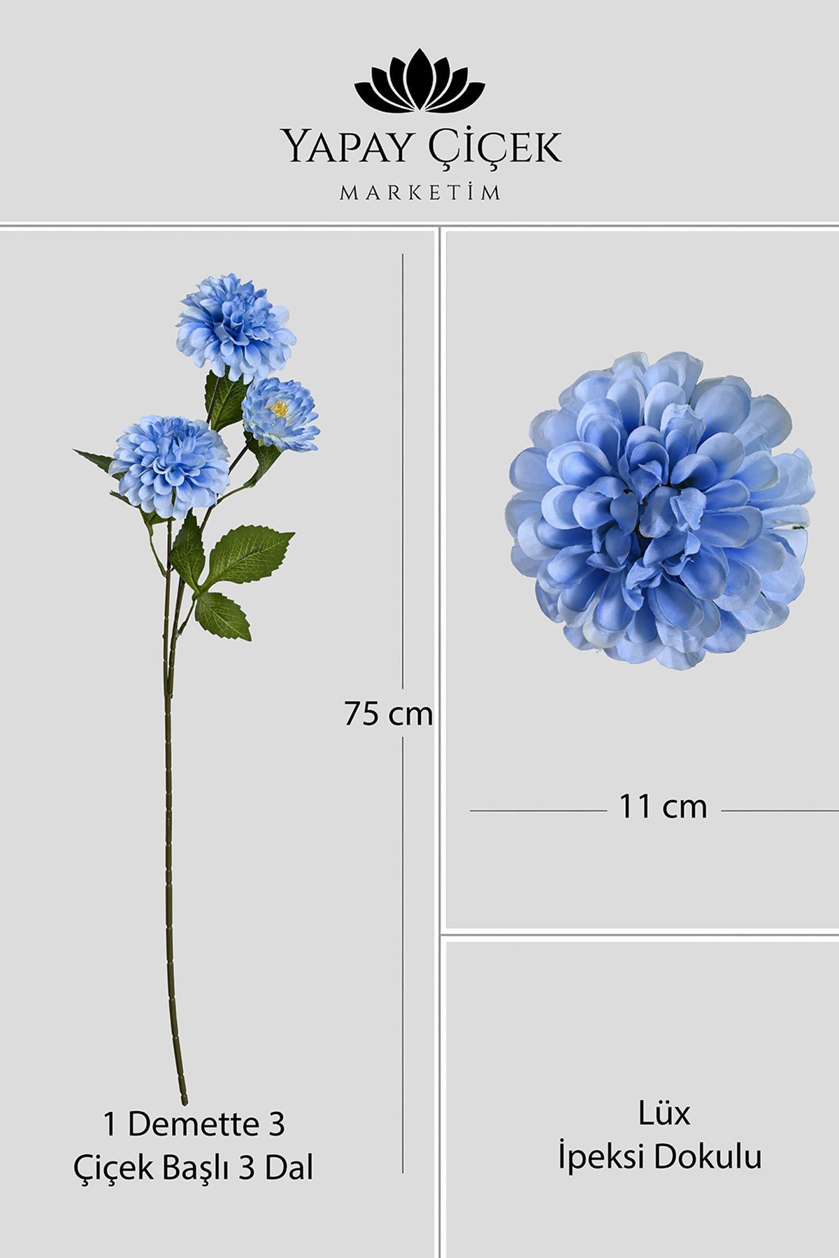 Mavi Yapay Dahlia Yıldız Çiçeği 3 Dallı Lüx İpeksi Dokulu 75 cm