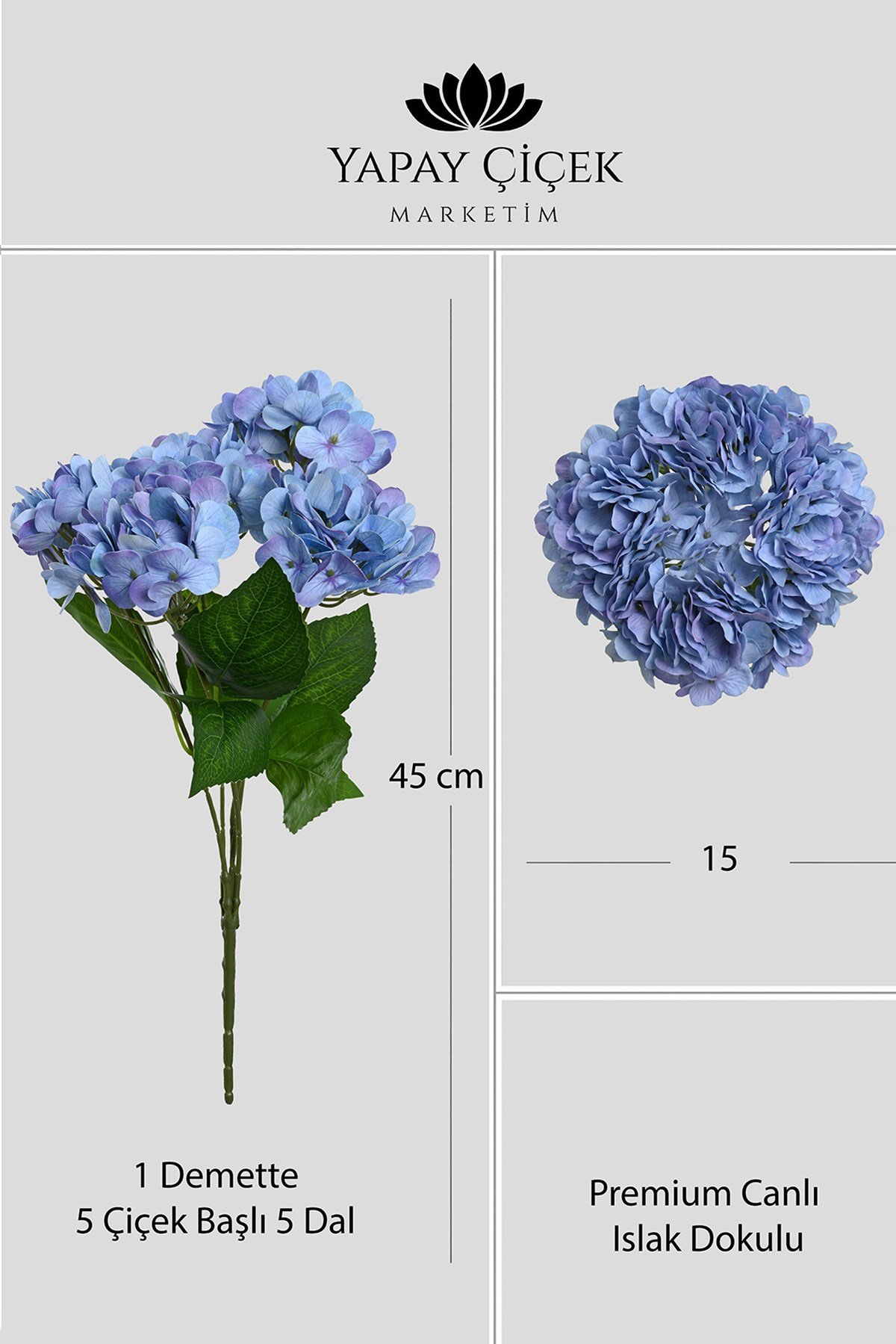Mavi Yapay  Ortanca Çiçeği 5 Dallı Premium Canlı Islak Dokulu 42 cm