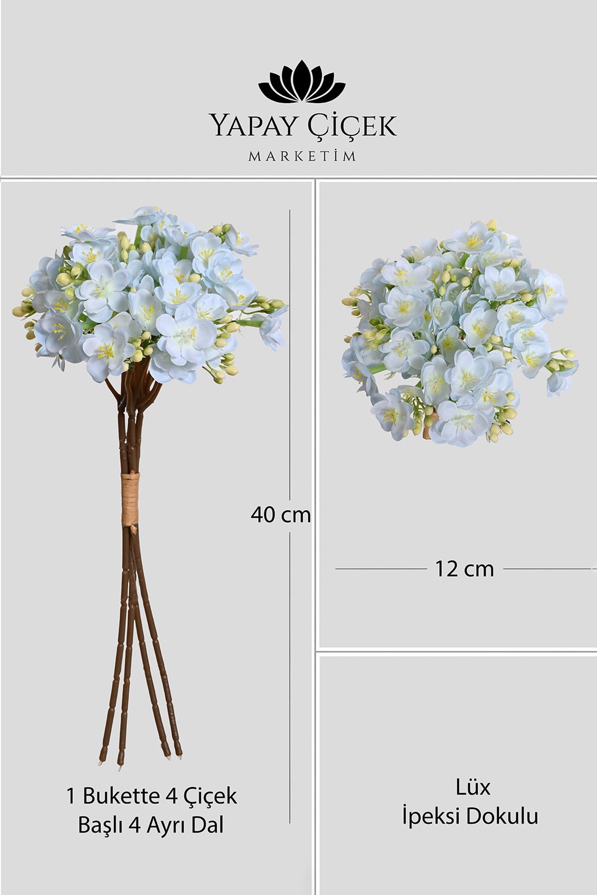 Mavi Yapay Yasemin Çiçeği Buketi 4 Dallı Lüx İpeksi Dokulu 40 cm