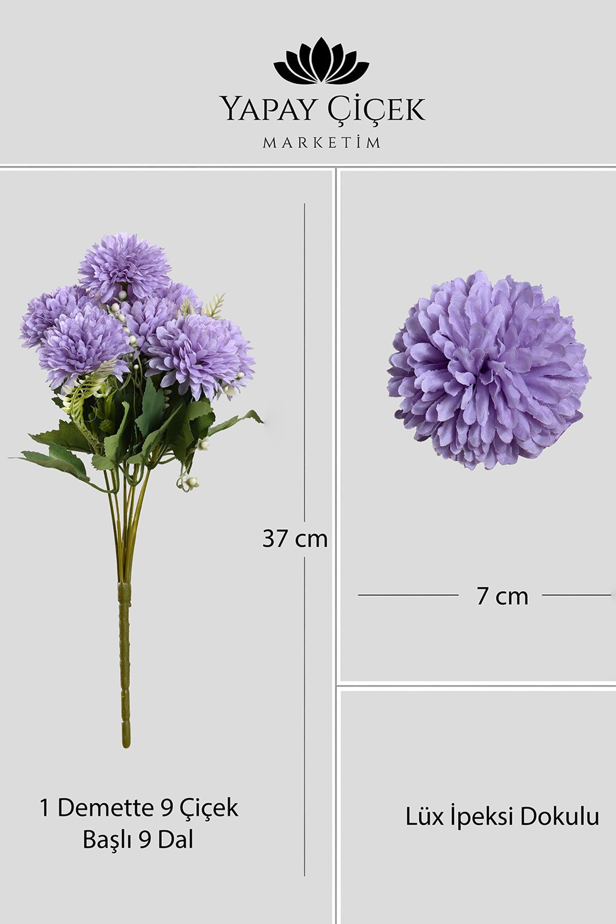Mor  Yapay  Krizantem Çiçeği Demeti 9 Dallı   Lüx İpeksi Dokulu 37 cm