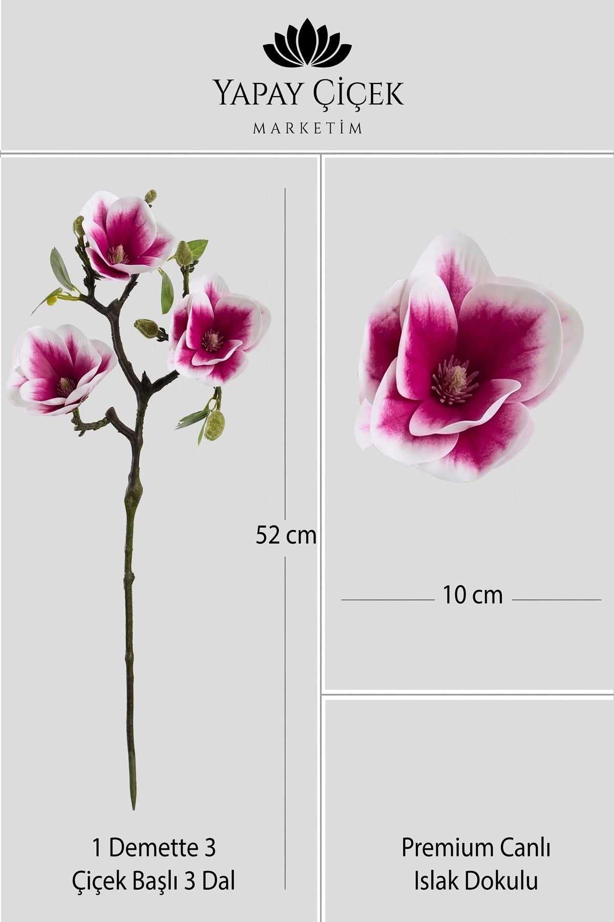Mor Yapay Manolya Çiçeği 3 Dallı Premium Canlı Islak Dokulu 52 cm