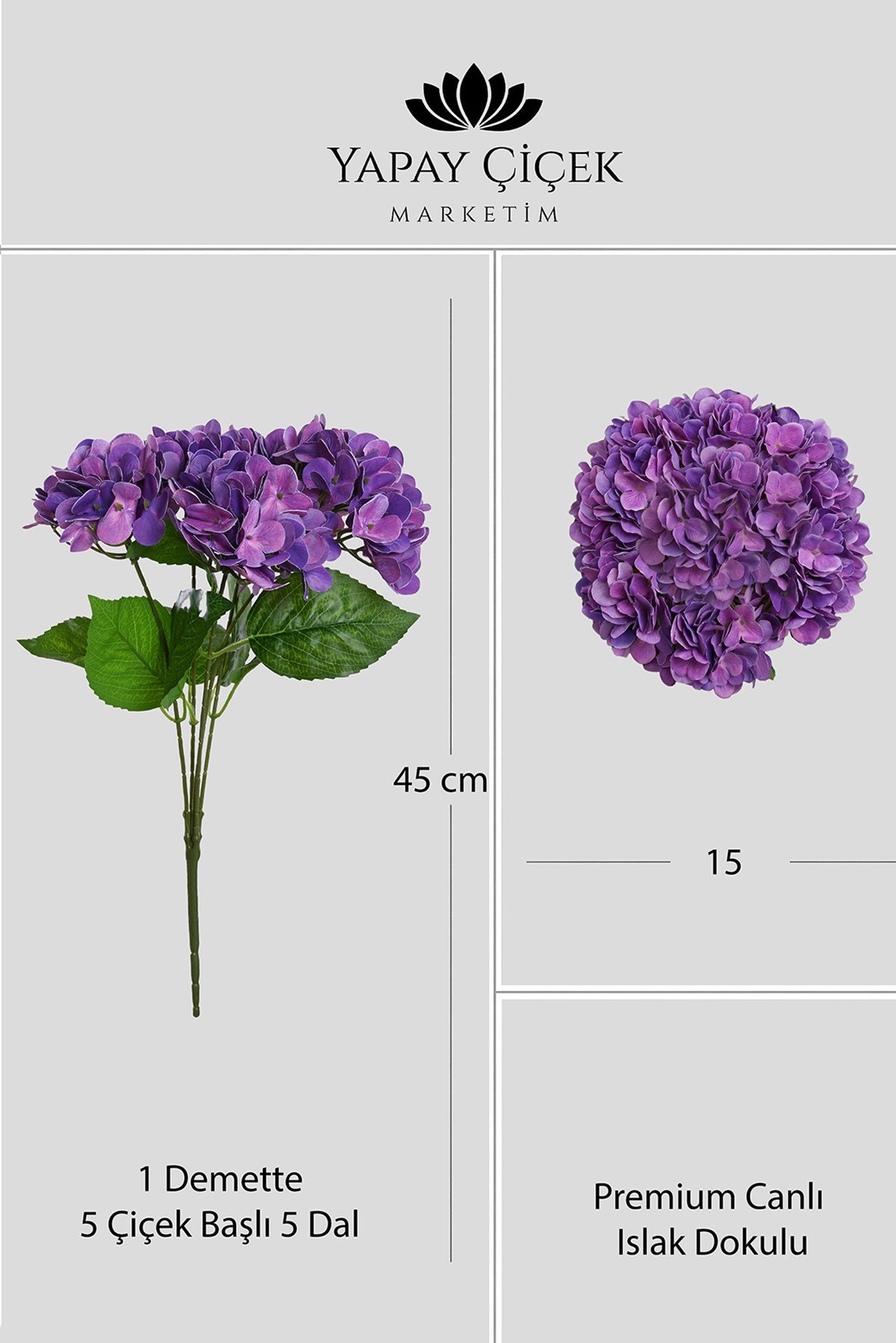 Mor Yapay  Ortanca Çiçeği 5 Dallı Premium Canlı Islak Dokulu 42 cm