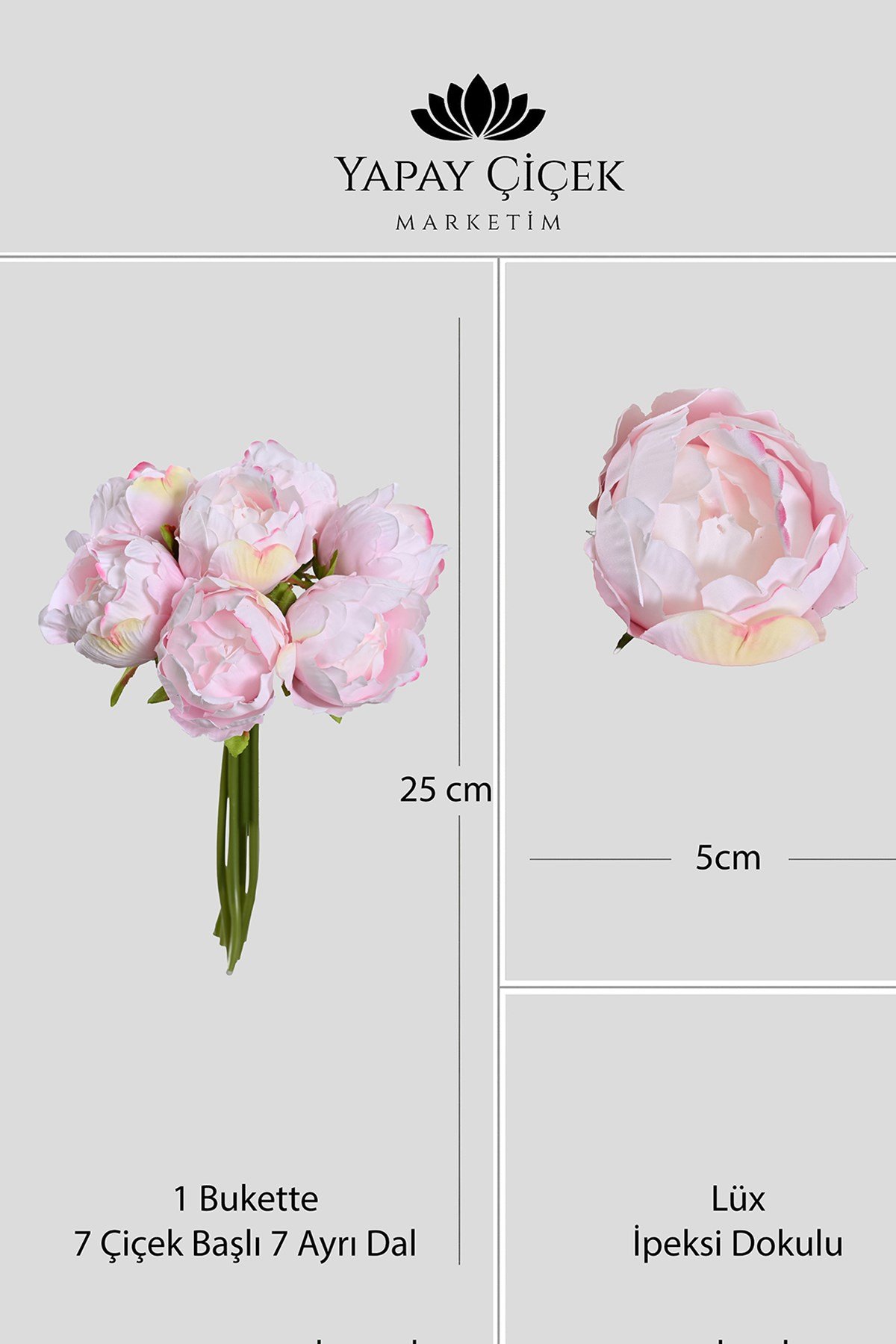 Pembe  Premium Yapay Peony Şakayık Çiçeği  Buketi 7 Dallı Lüx İpeksi Dokulu 25 cm