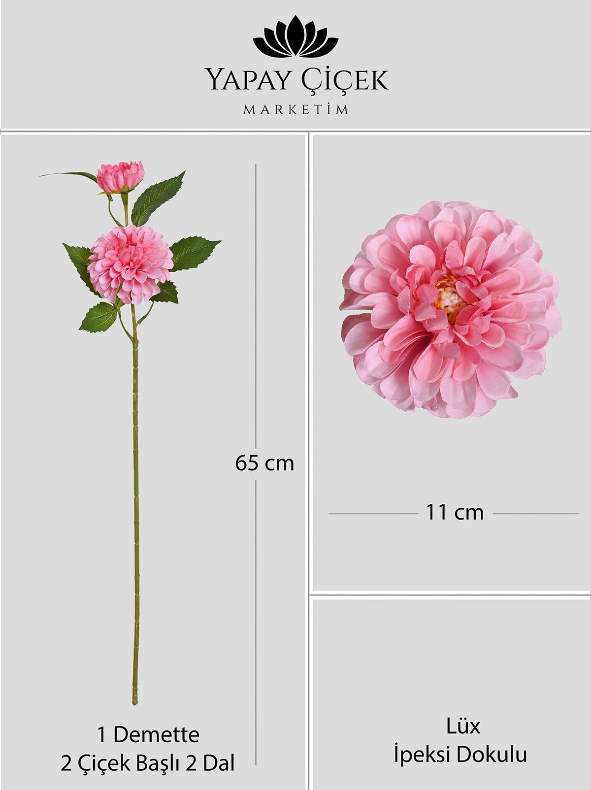 Pembe Yapay Dahlia Yıldız Çiçeği 2 Dallı Lüx İpeksi Dokulu  65 cm