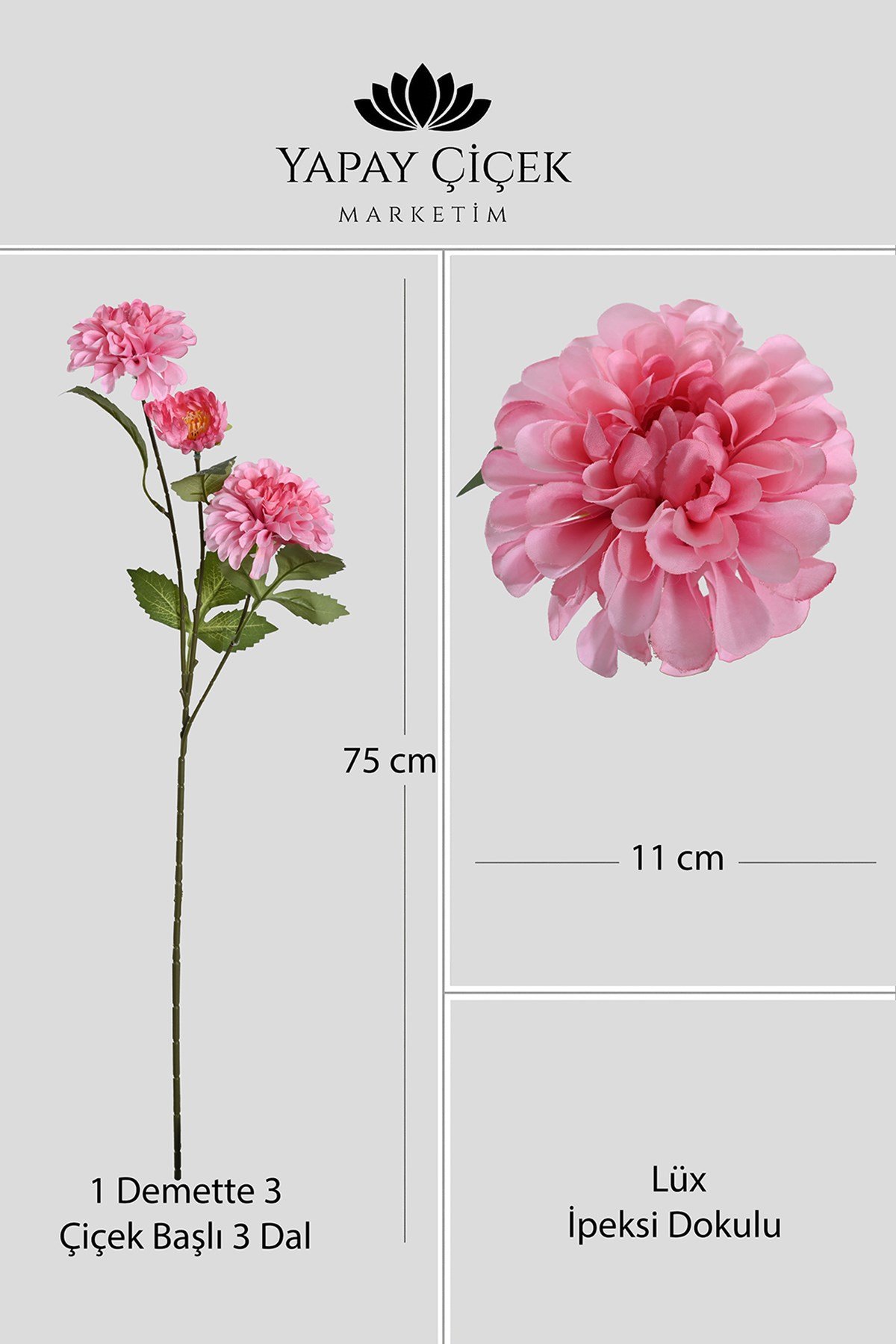 Pembe Yapay Dahlia Yıldız Çiçeği 3 Dallı Lüx İpeksi Dokulu 75 cm