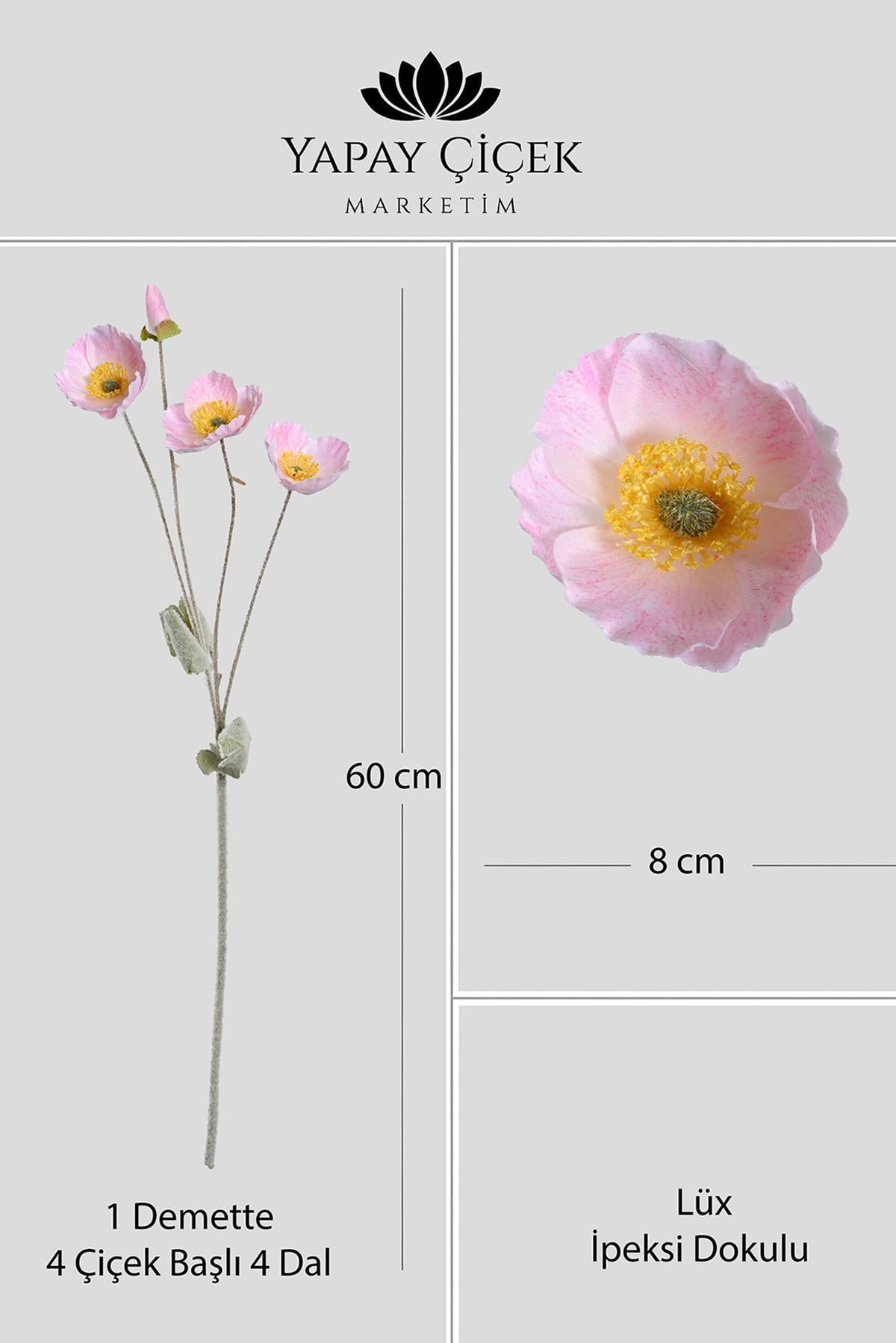 Pembe Yapay Gelincik Çiçeği  4 Dallı Lüx İpeksi Dokulu 60 cm