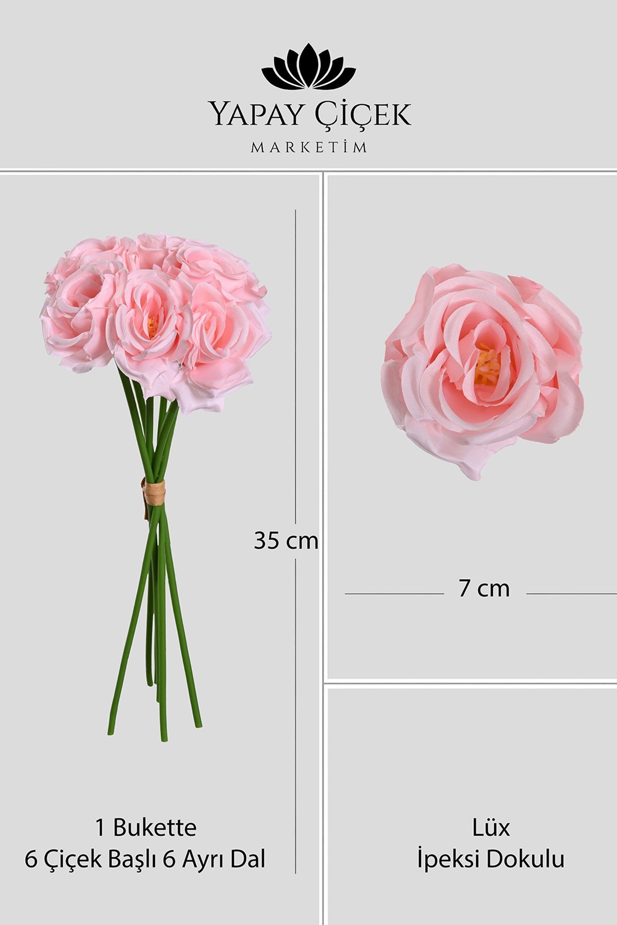 Pembe  Yapay Gül  Buketi 6 Dallı Lüx İpeksi Dokulu 35 cm