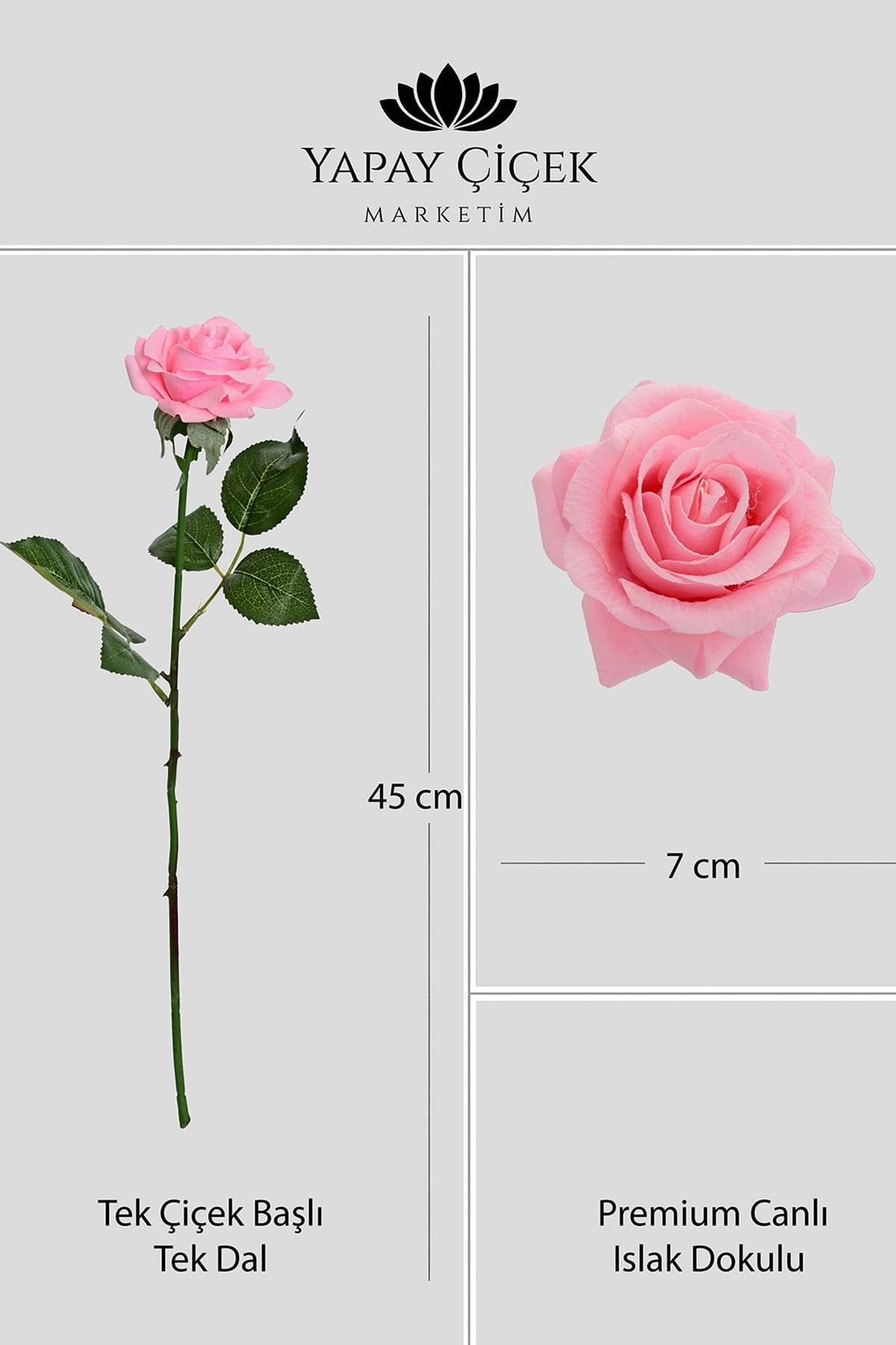 Pembe Yapay Gül Tek Dal Premium Canlı Islak Dokulu 45 cm