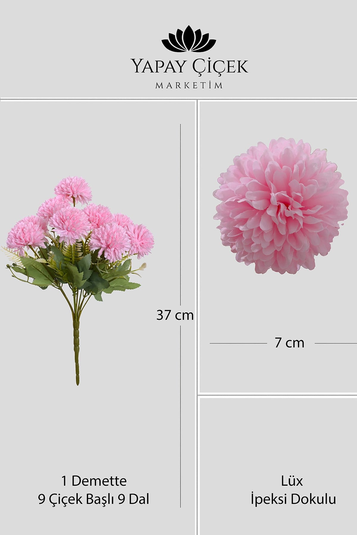 Pembe  Yapay  Krizantem Çiçeği Demeti 9 Dallı   Lüx İpeksi Dokulu 37 cm