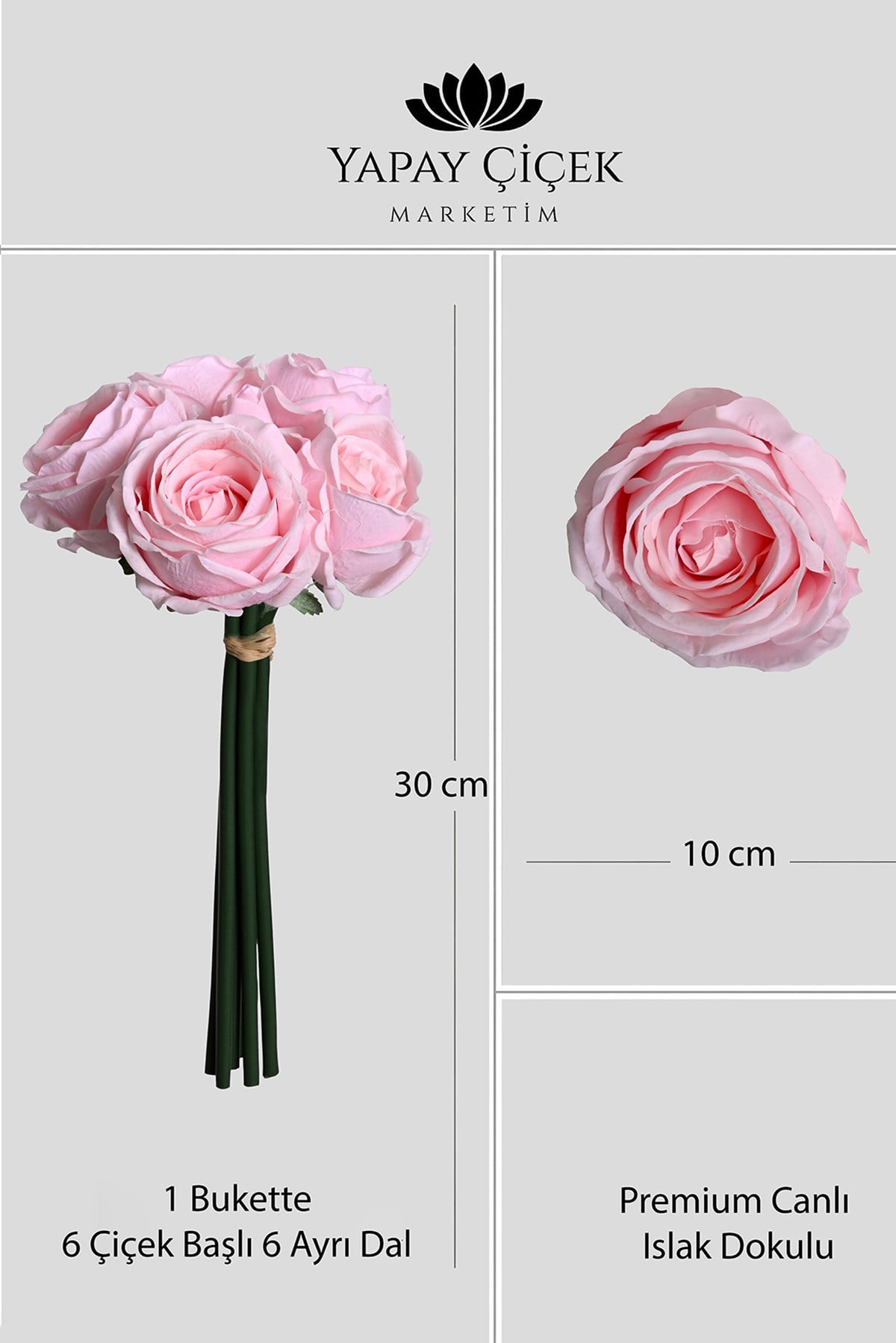 Pembe Yapay Lüx Gül Buketi 6 Dallı Premium Canlı  Islak Dokulu 30 cm