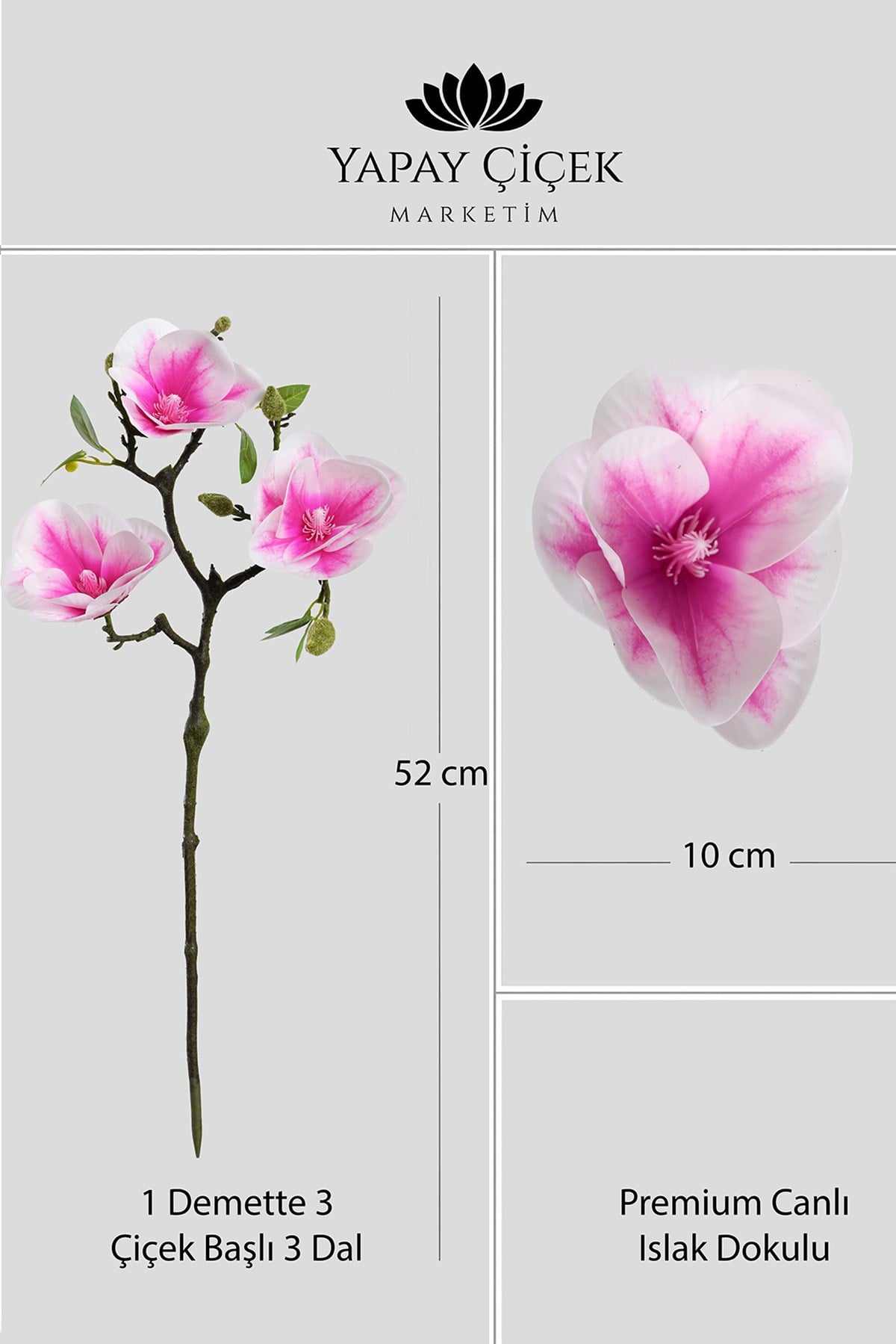 Pembe Yapay Manolya Çiçeği 3 Dallı  Premium Canlı Islak Dokulu  52 cm