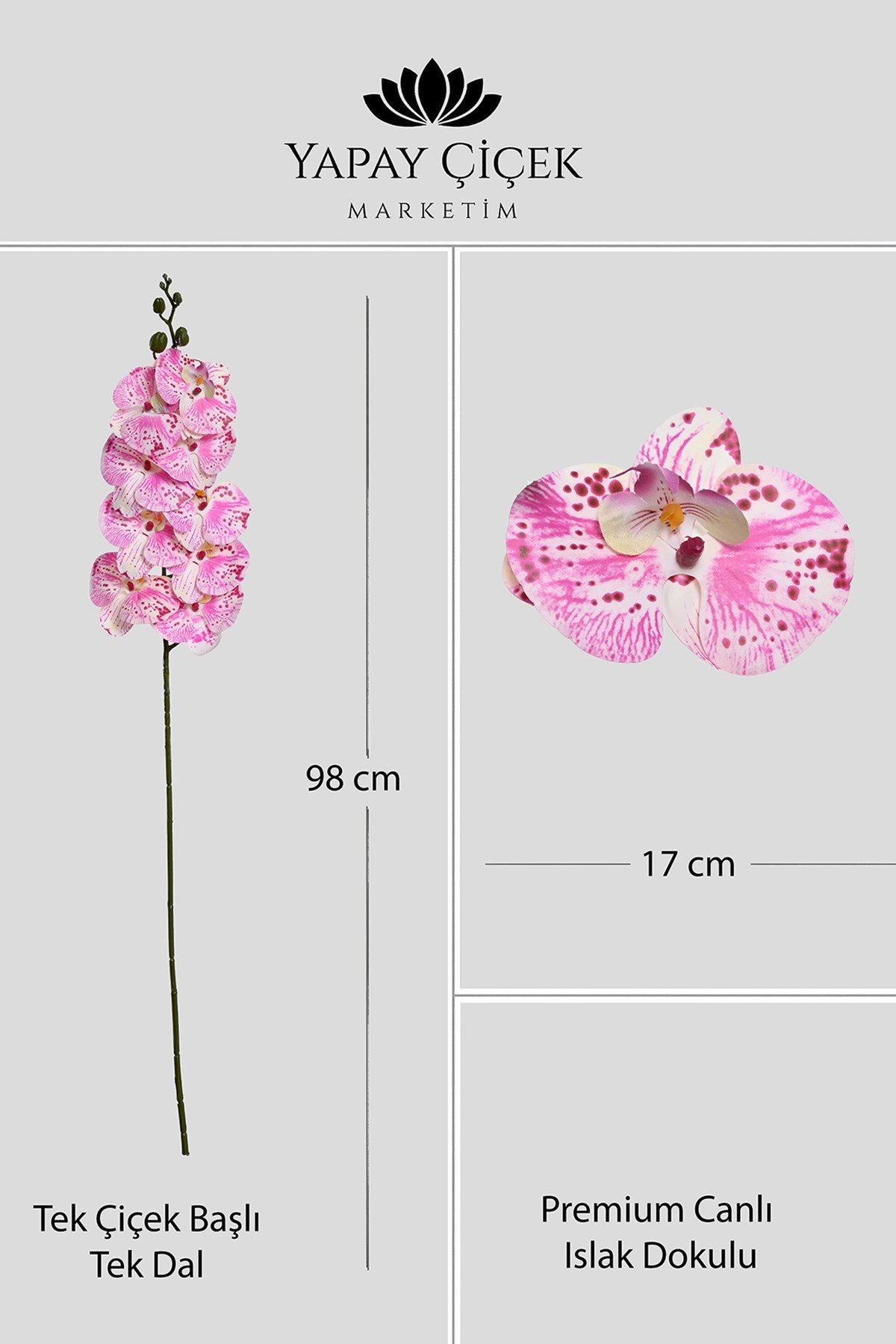Pembe Yapay  Orkide Çiçeği Tek Dal Premium Canlı Islak Dokulu 98 cm