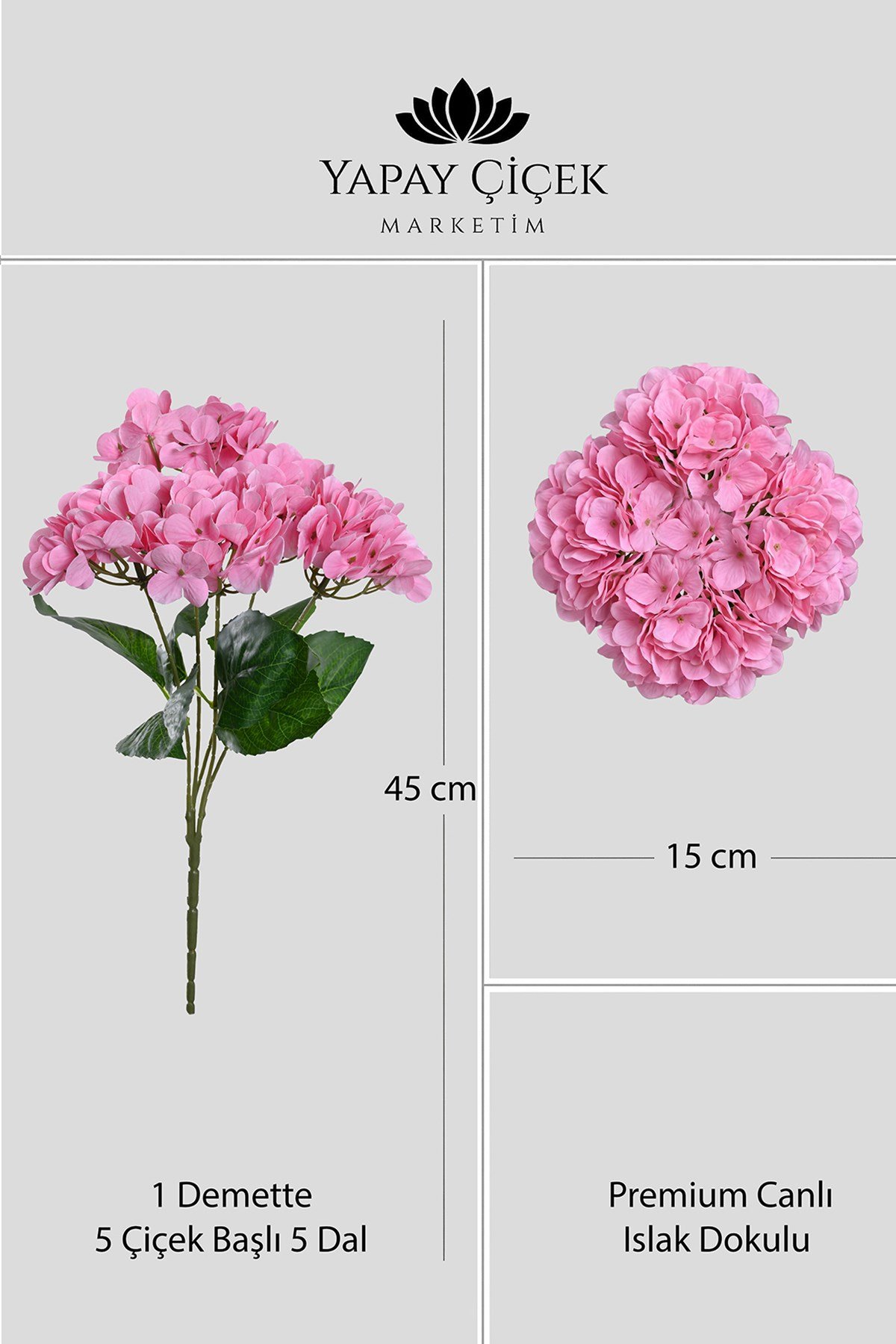 Pembe Yapay  Ortanca Çiçeği 5 Dallı Premium Canlı Islak Dokulu 42 cm